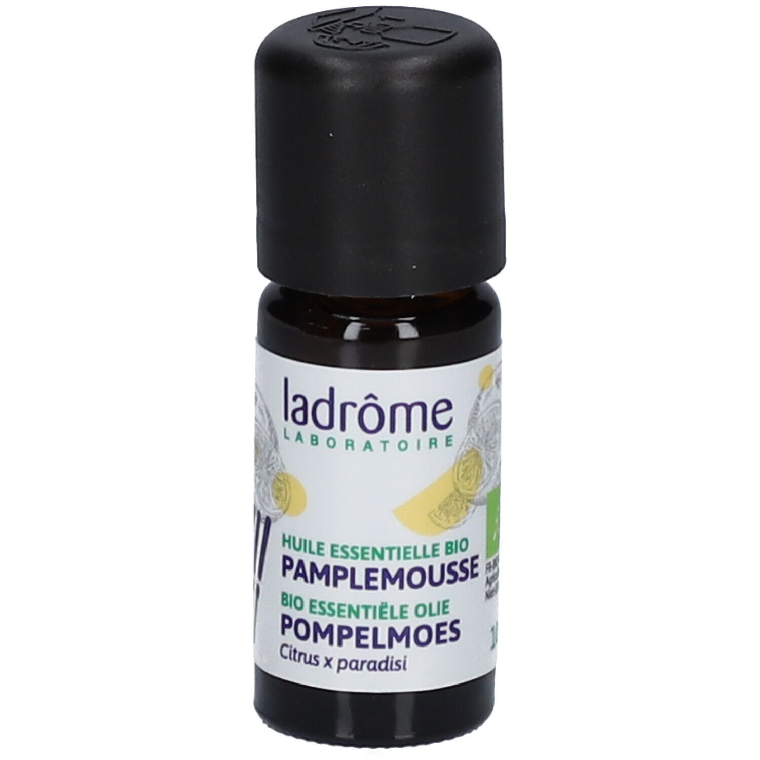 Huile essentielle bio de pamplemousse Ladrôme en flacon de verre brun avec bouchon noir. Illustration d'agrumes sur l'étiquette.