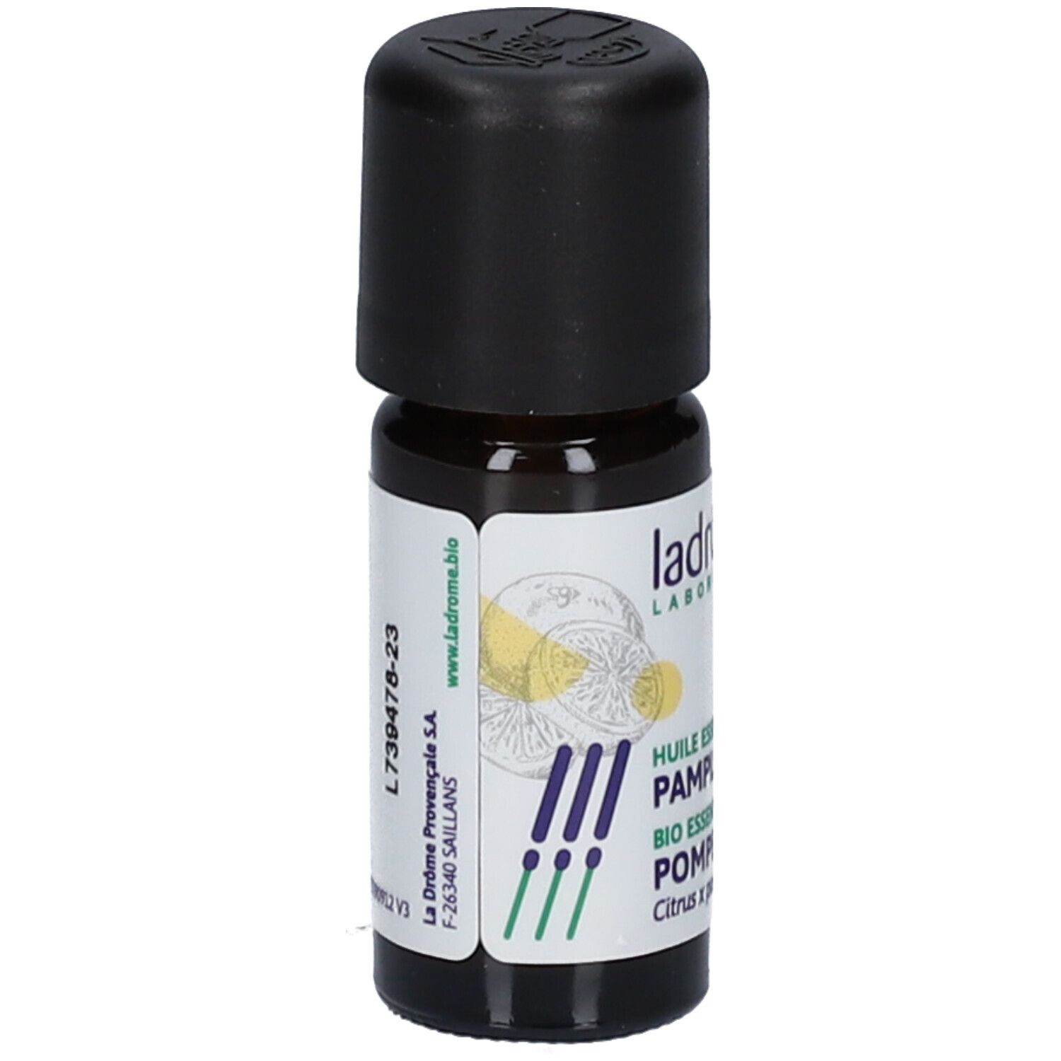 Huile essentielle bio de pamplemousse Ladrôme : arrière du flacon avec numéro de lot L739478-23 et site web.