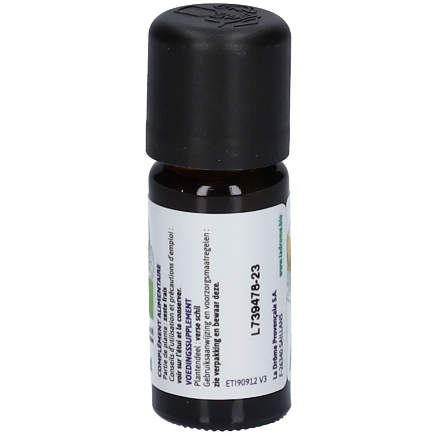 Huile essentielle bio de pamplemousse Ladrôme : vue latérale du flacon avec étiquette multilingue et instructions d'utilisation.