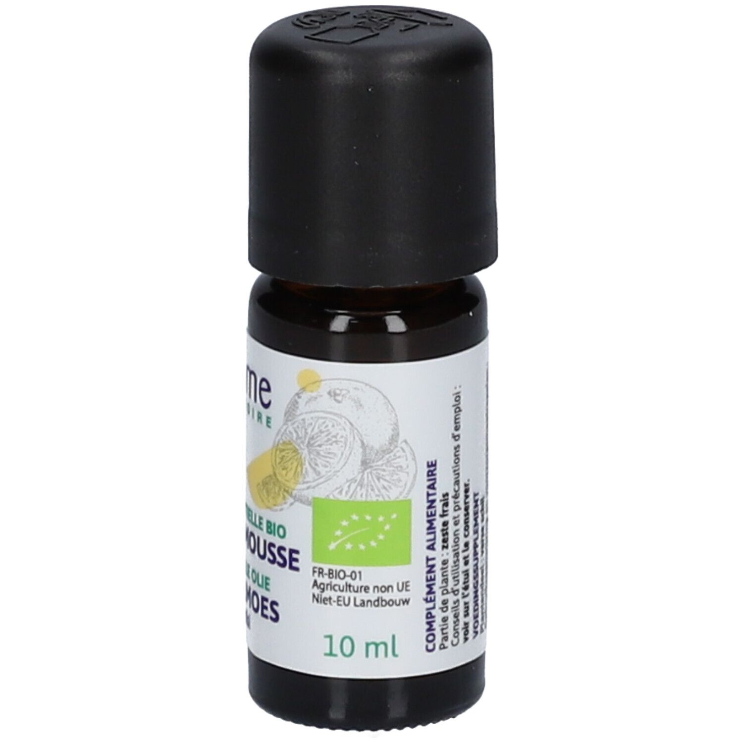 Huile essentielle bio de pamplemousse Ladrôme : étiquette indiquant le label bio, FR-BIO-01 et 10 ml. Illustration d'agrumes.