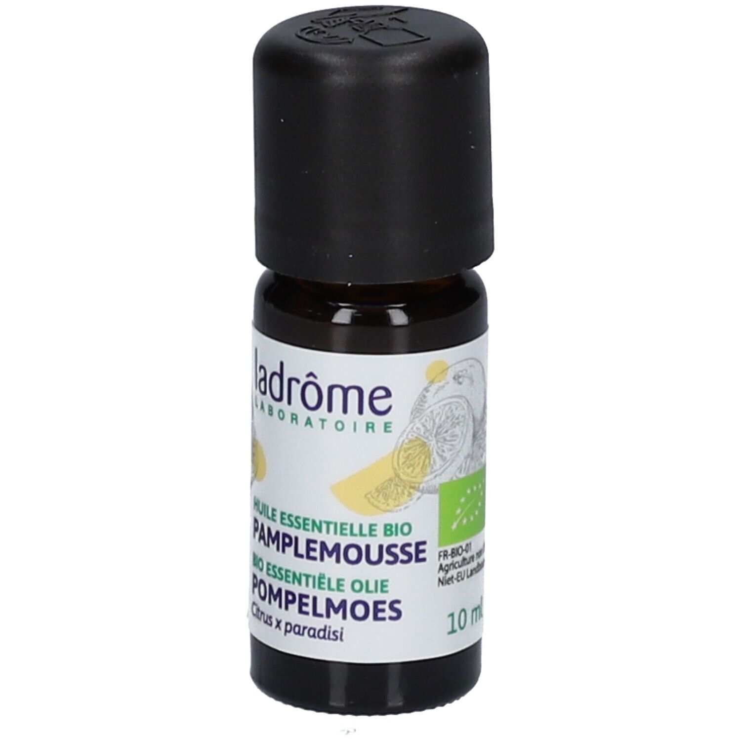 Huile essentielle bio de pamplemousse Ladrôme : flacon avec étiquette indiquant le label bio, FR-BIO-01 et 10 ml. Illustration d'agrumes.