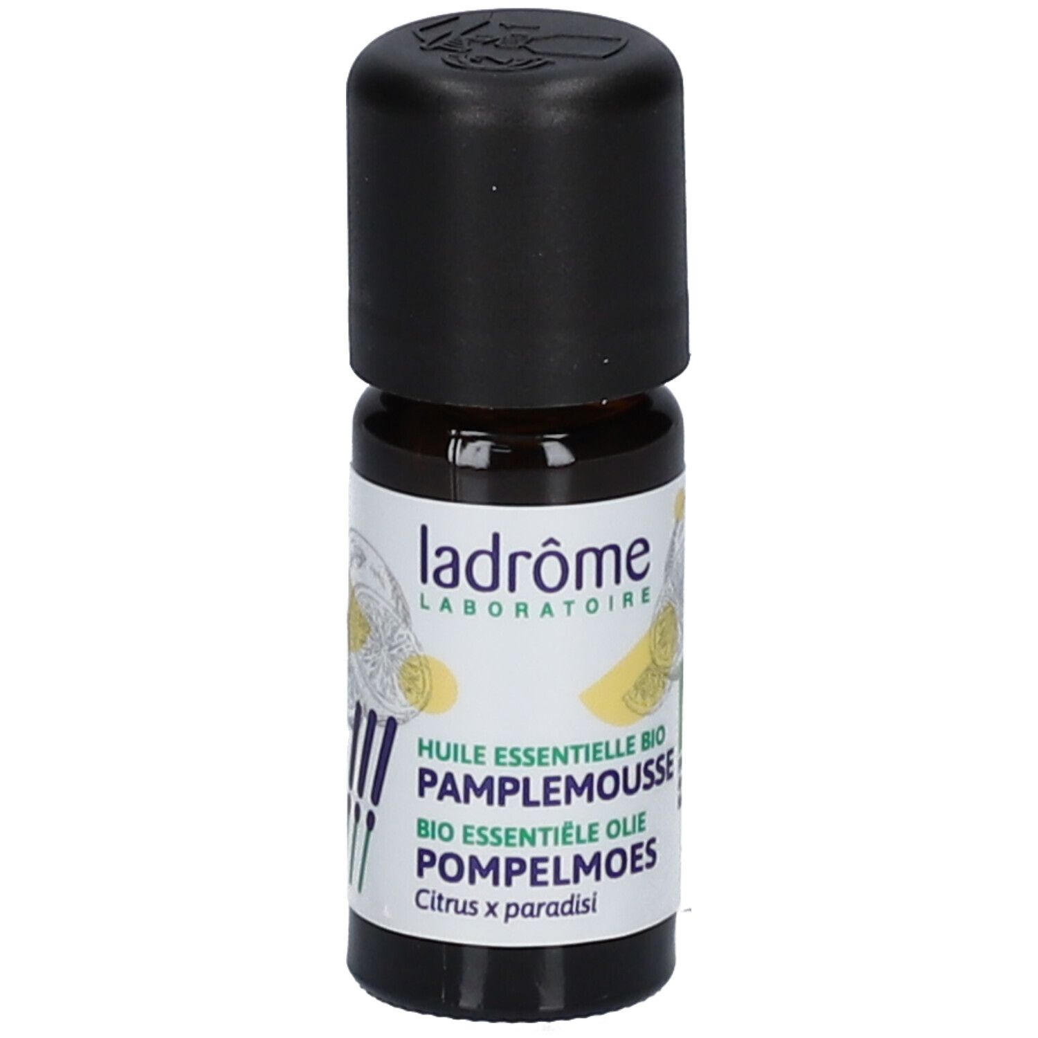 Huile essentielle bio de pamplemousse Ladrôme en flacon de verre brun avec bouchon noir. Illustration d'agrumes sur l'étiquette.