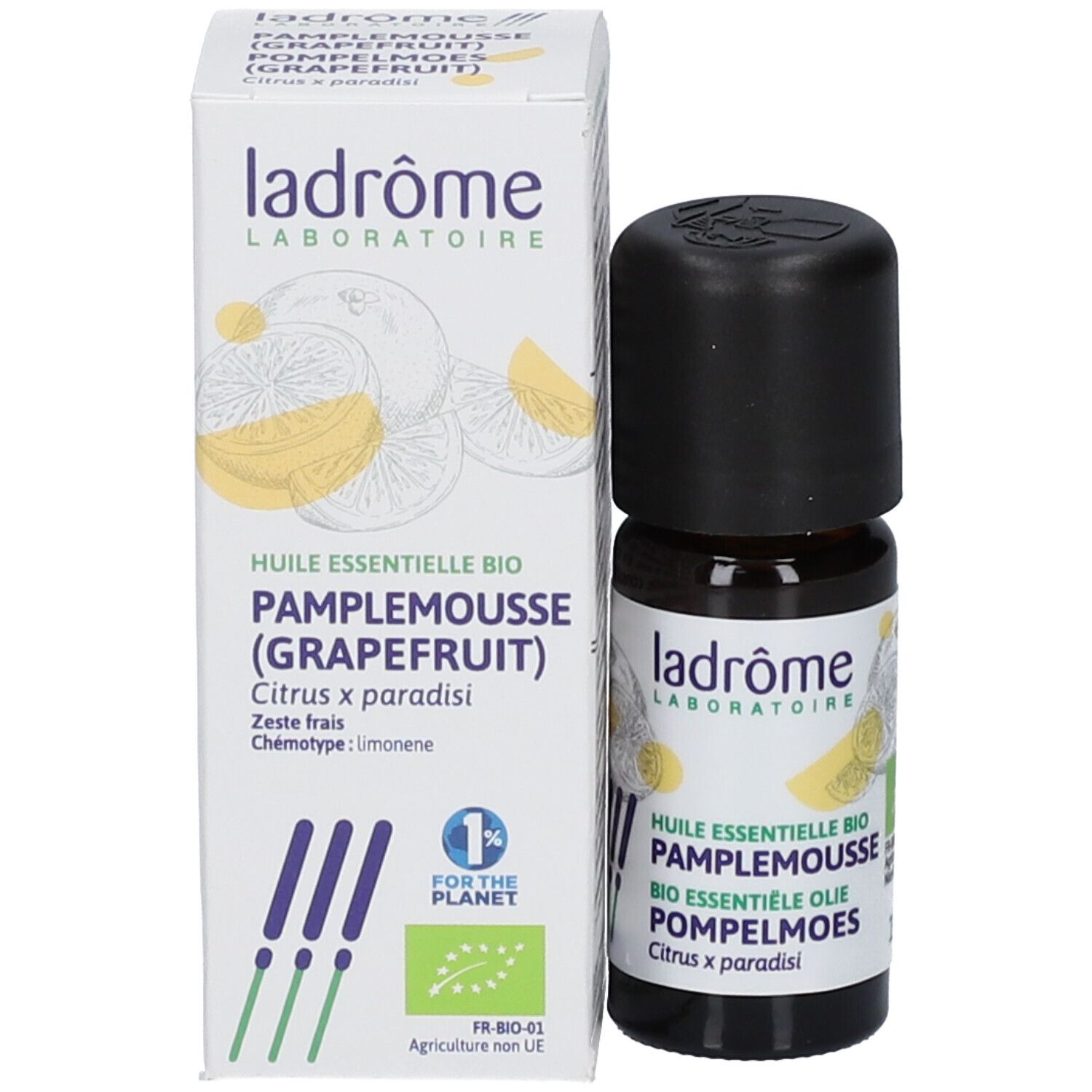 Huile essentielle bio de pamplemousse Ladrôme et son emballage. La boîte montre des agrumes, le label bio et "1% for the Planet".