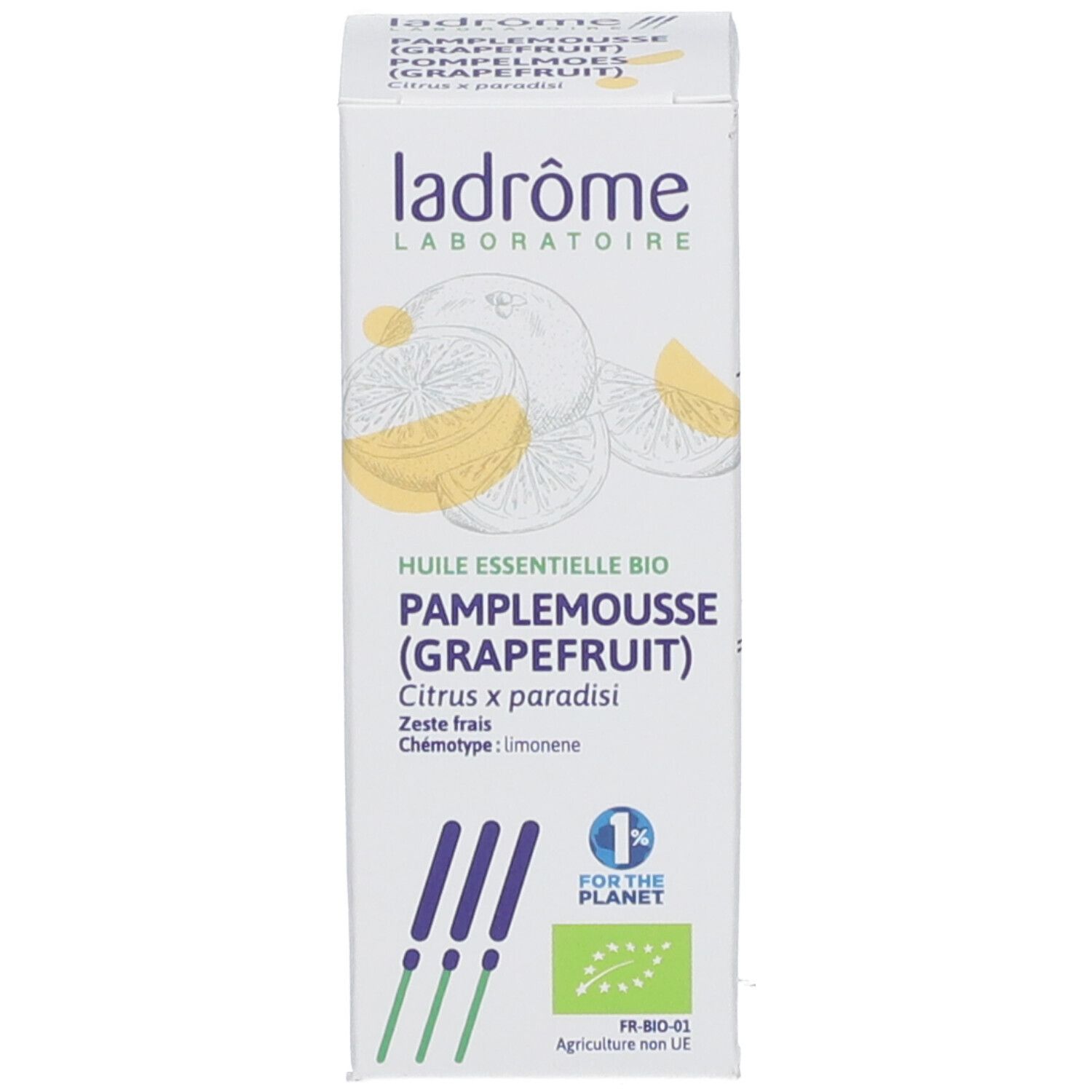 Huile essentielle bio de pamplemousse Ladrôme et son emballage. La boîte montre des agrumes, le label bio et "1% for the Planet".