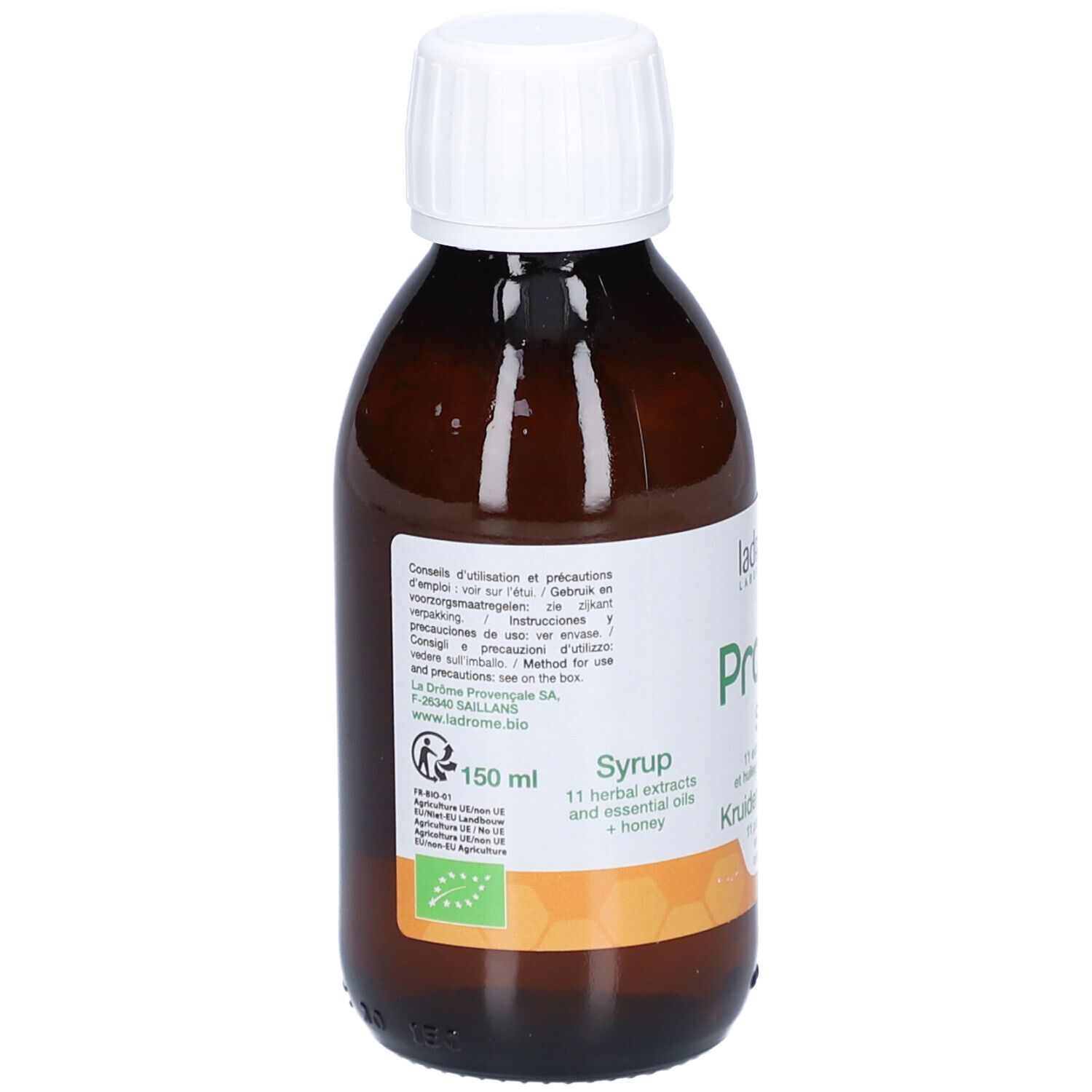 Flacon en verre brun avec bouchon blanc. Étiquette avec informations et label bio. 150 ml.