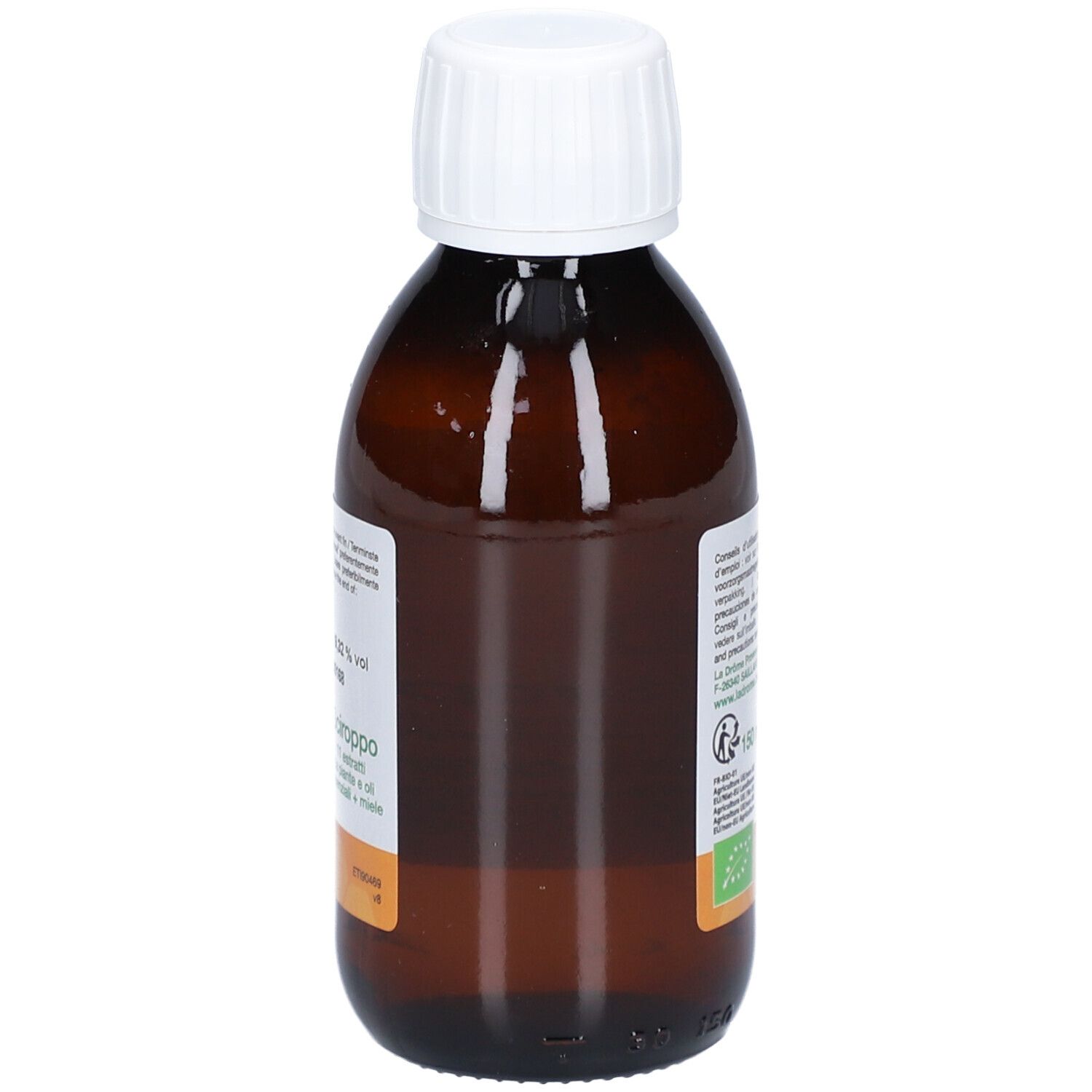 Flacon en verre brun avec bouchon blanc. Étiquette avec informations et label bio.