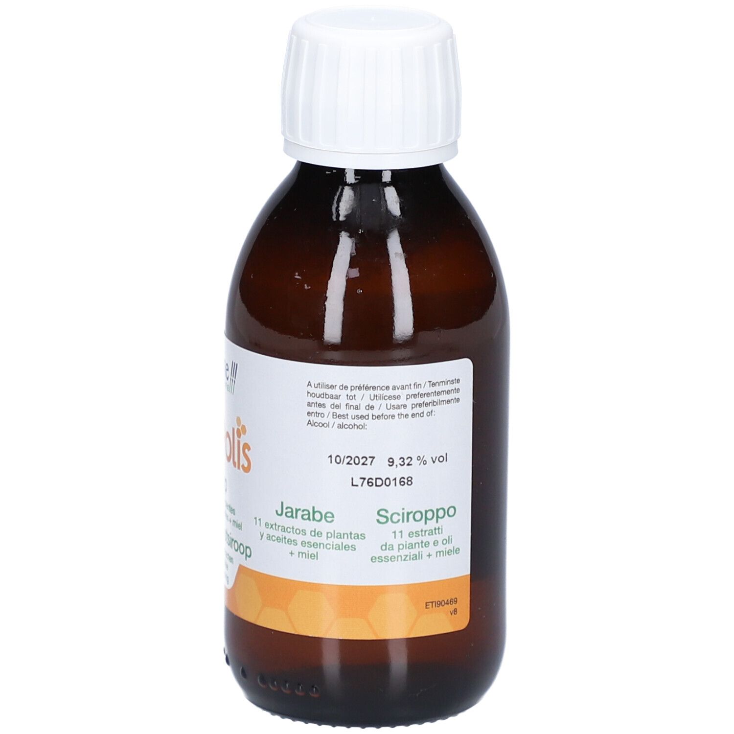 Flacon en verre brun avec bouchon blanc. Étiquette avec informations. Inscriptions: Jarabe, Sciroppo.