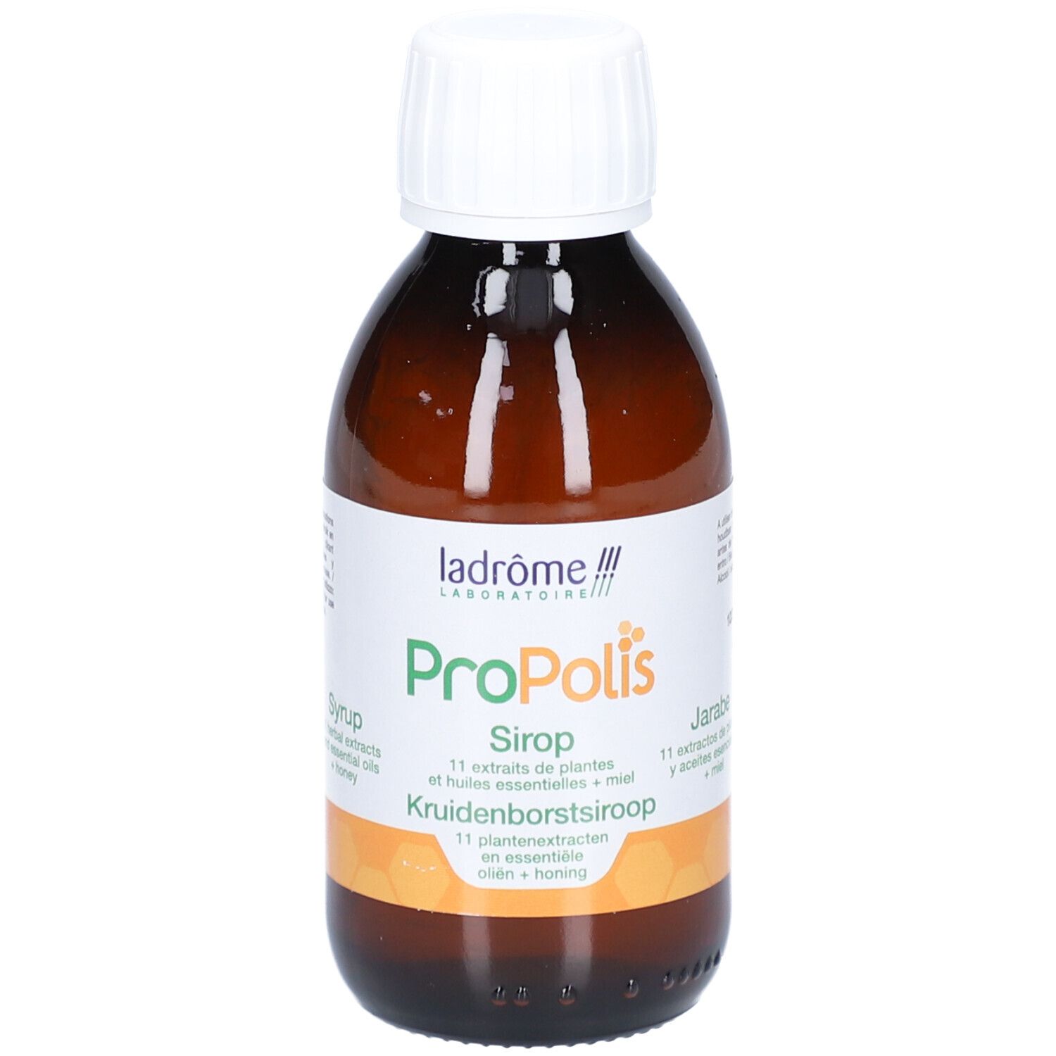 Flacon en verre brun avec bouchon blanc. Étiquette avec nom et ingrédients. Inscription: Kruidenborstsiroop.