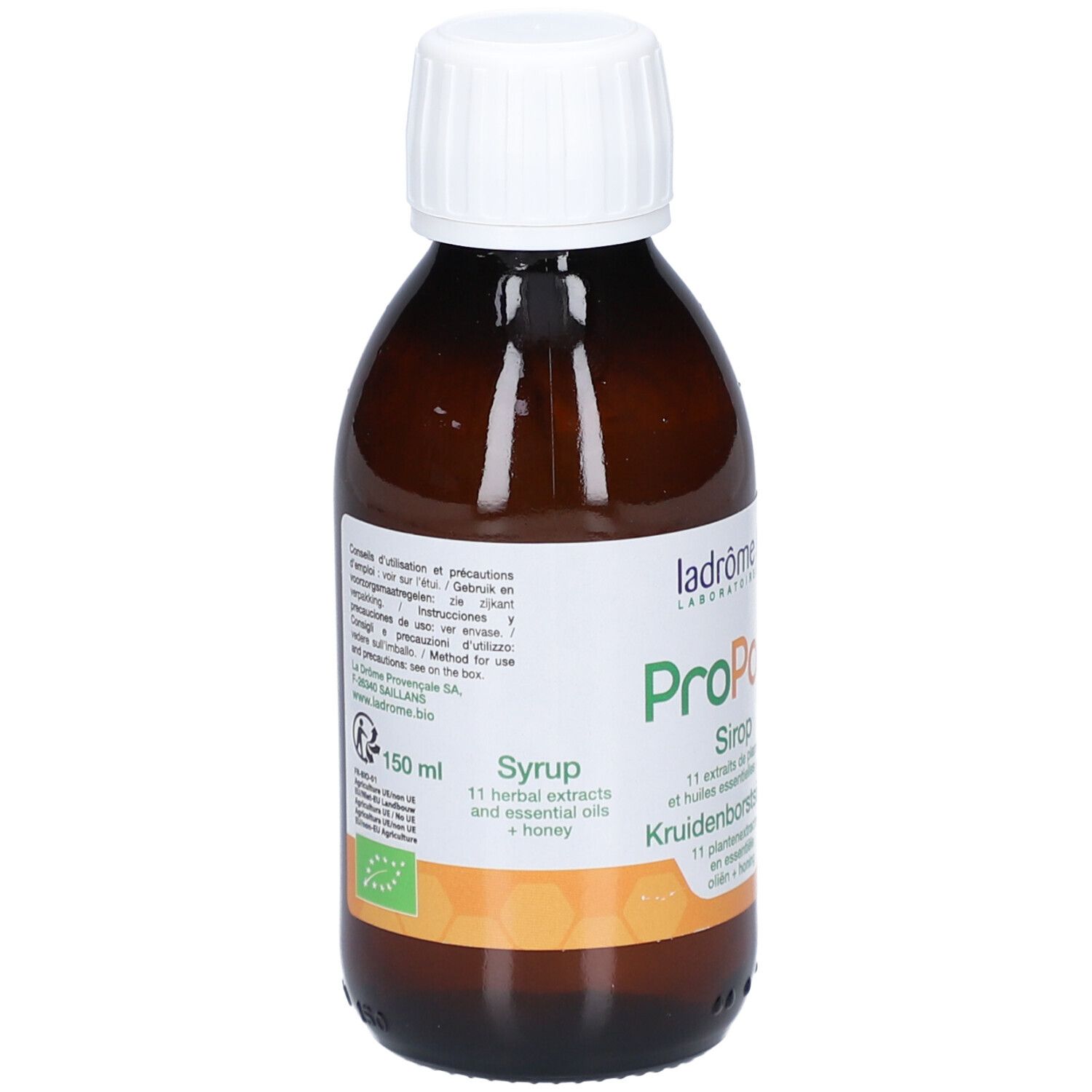Flacon en verre brun avec bouchon blanc. Étiquette avec informations et label bio. 150 ml.
