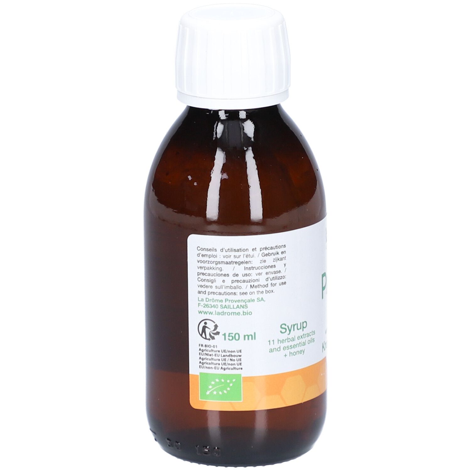 Flacon en verre brun avec bouchon blanc. Étiquette avec informations et label bio. 150 ml.