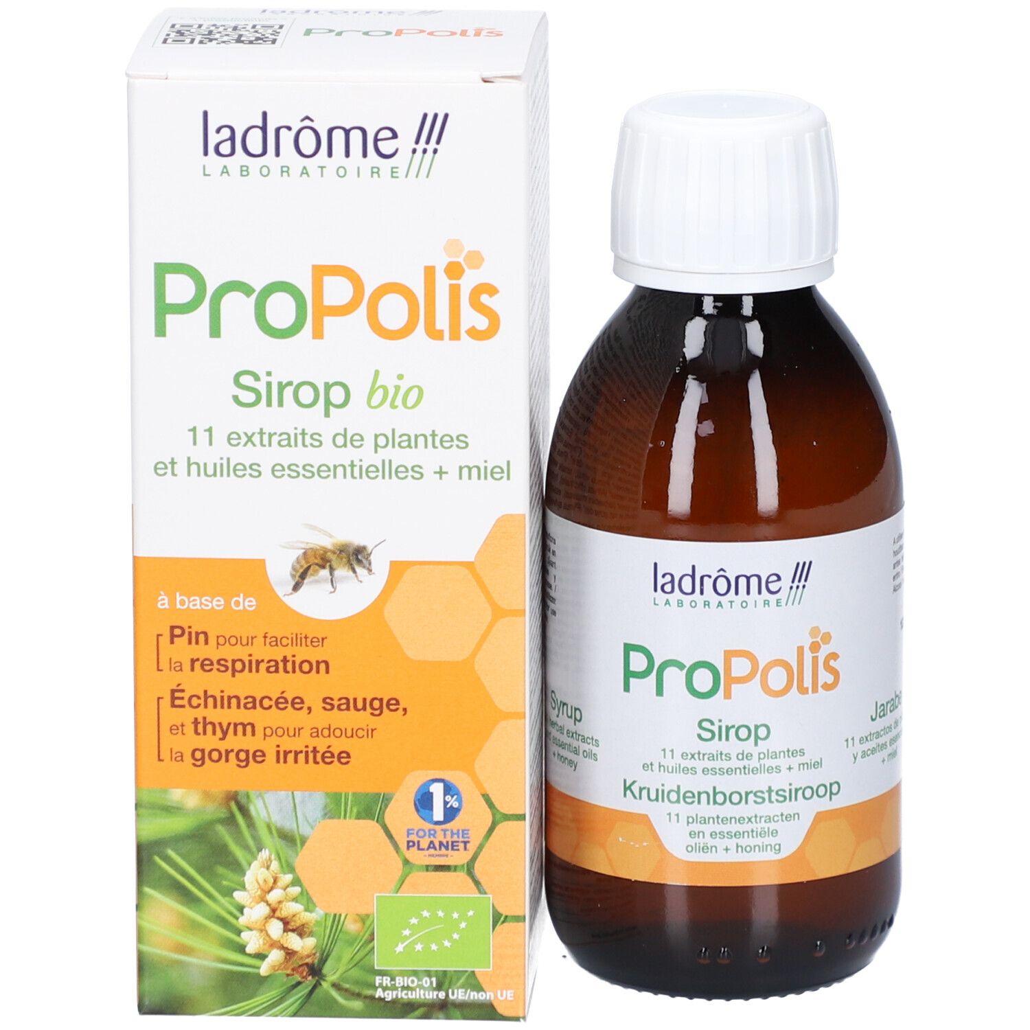 Flacon et emballage. Flacon brun, bouchon blanc. Emballage blanc, vert et jaune. Label bio.
