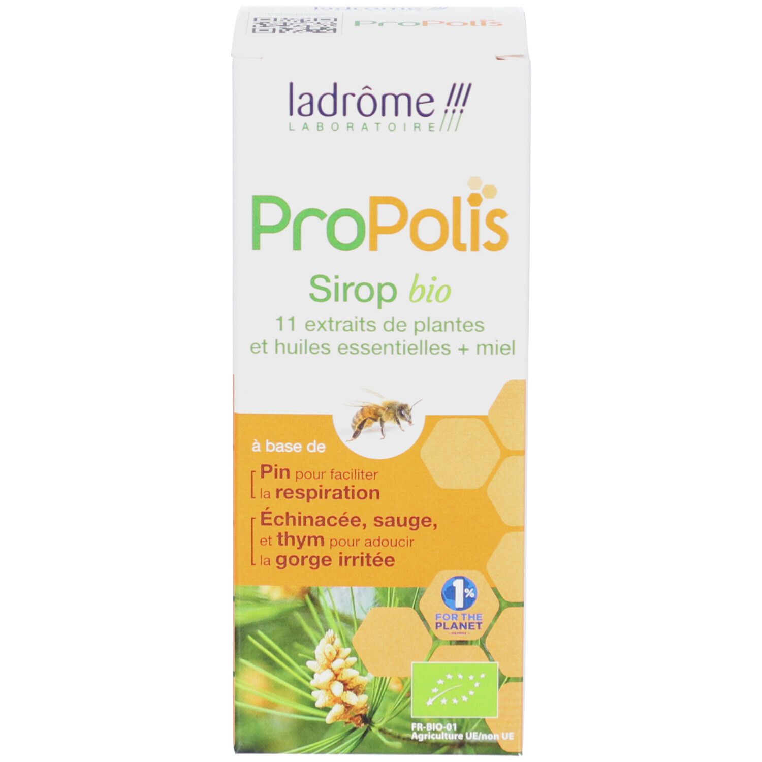 Emballage. Blanc, vert et jaune. Label bio. Texte: Propolis Siro bio, 11 Extrait de plantes.