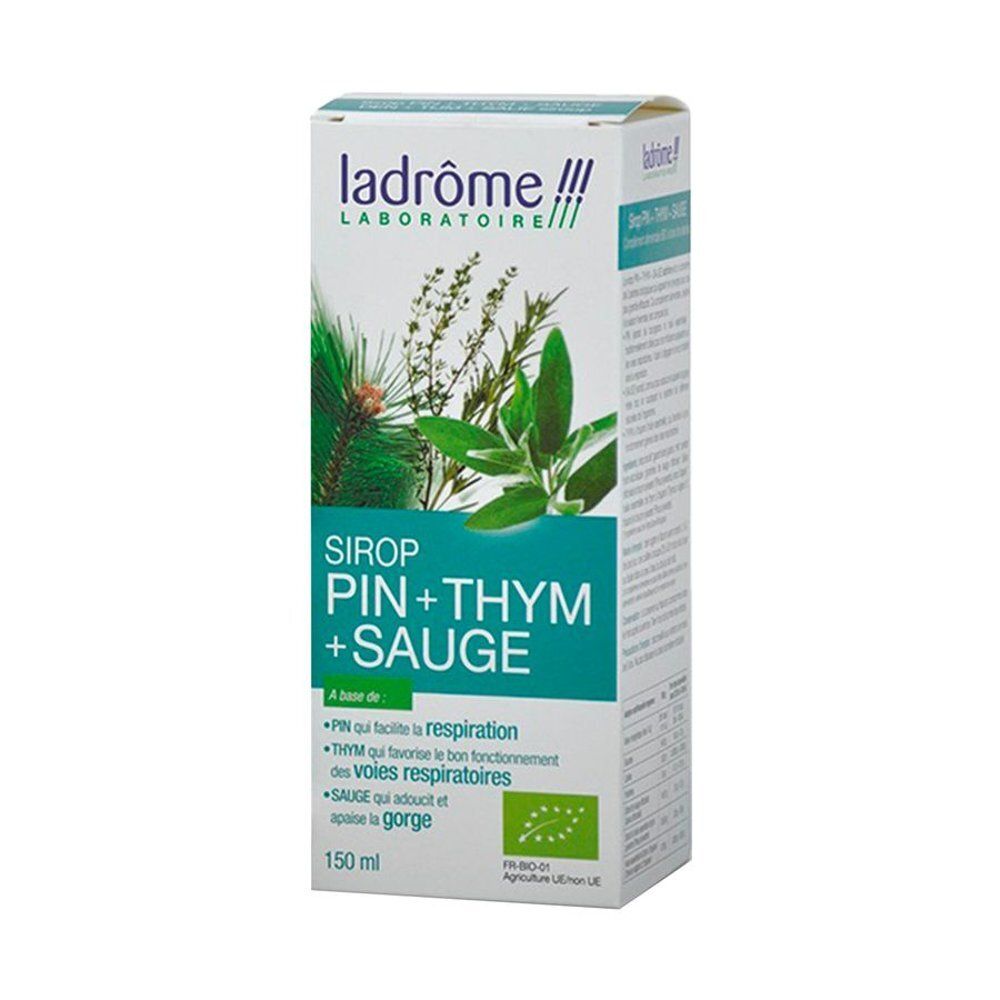 Boîte "Sirop Pin+Thym+Sauge" de Ladrôme. Ingrédients végétaux. Label bio. Contient des illustrations.