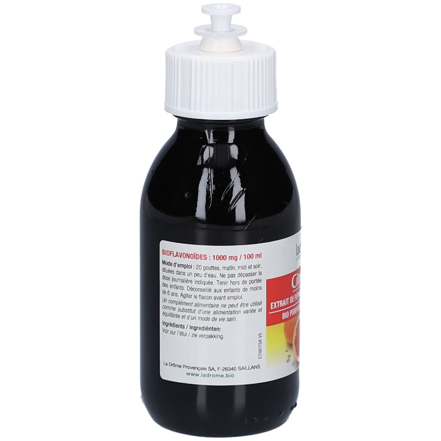 Flacon en verre foncé avec bouchon doseur blanc. Étiquette avec informations produit, dont bioflavonoïdes 1000 mg/100 ml.