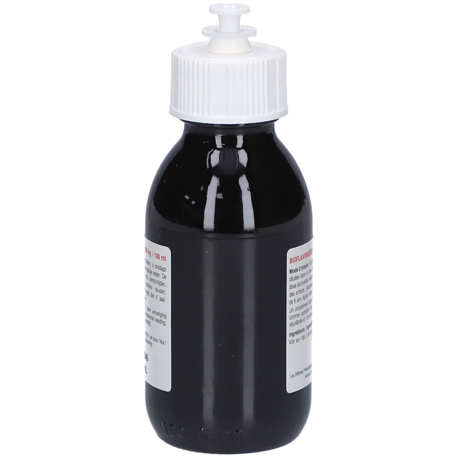 Flacon en verre foncé avec bouchon doseur blanc. Étiquette avec informations produit, texte en plusieurs langues.