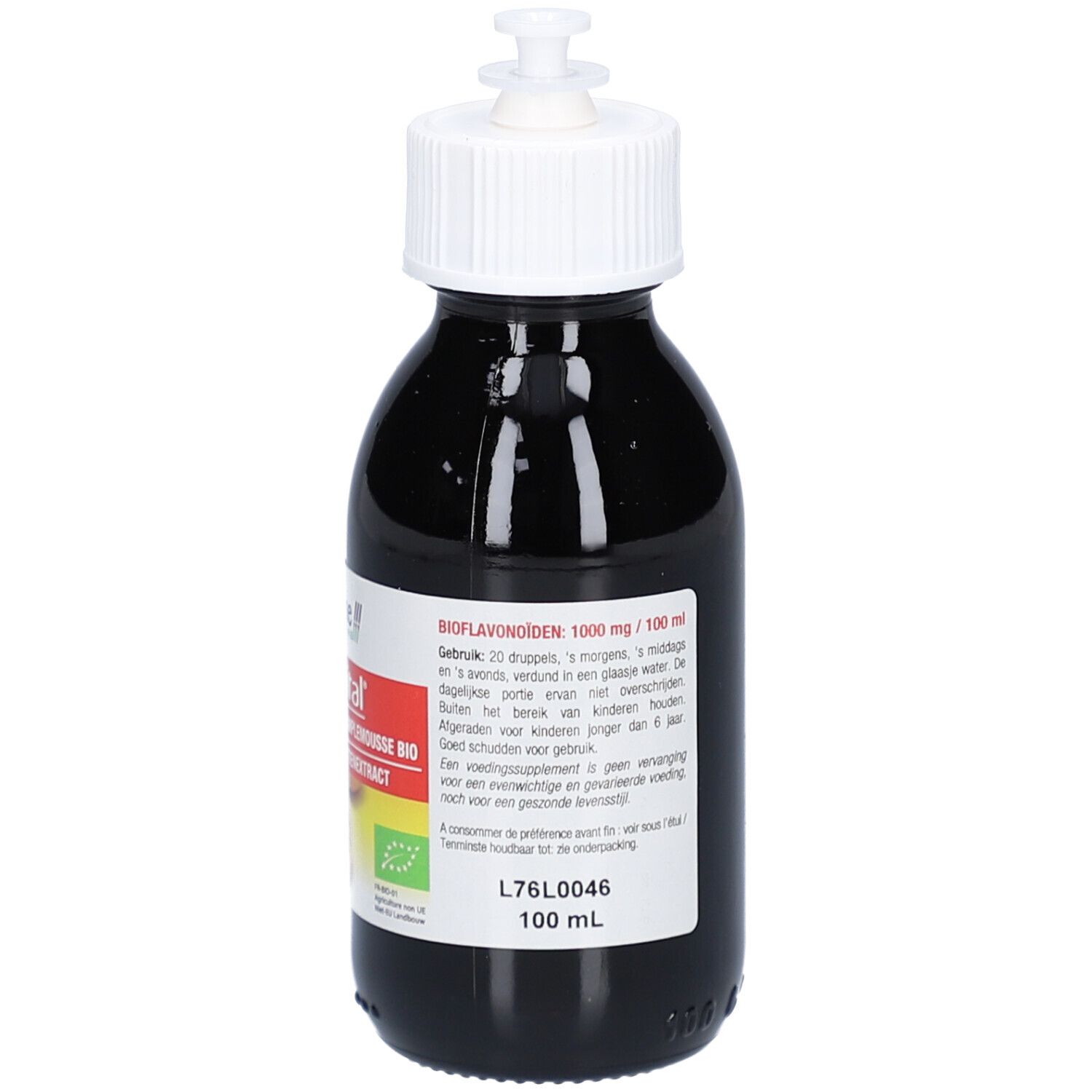 Flacon en verre foncé avec bouchon doseur blanc. Étiquette avec informations produit, certification bio et volume 100 ml.