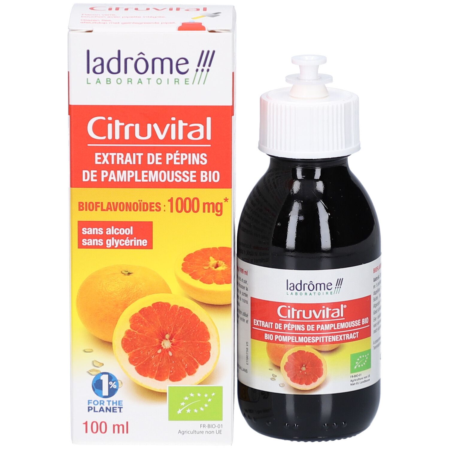 Emballage et flacon. Boîte avec Citruvital, illustration de pamplemousse et certification bio. Flacon à côté.