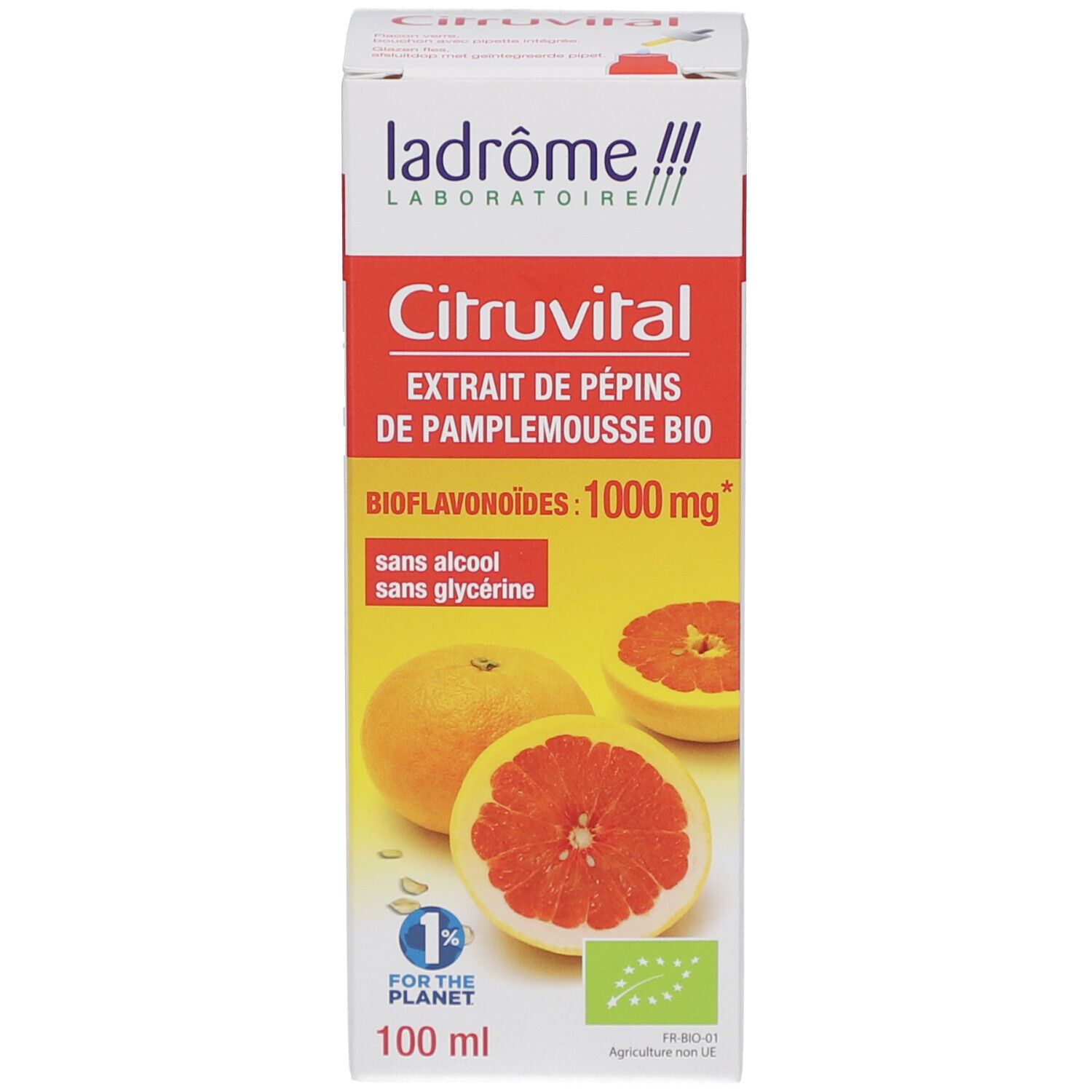 Emballage. Boîte avec Citruvital, illustration de pamplemousse, certification bio et volume 100 ml.