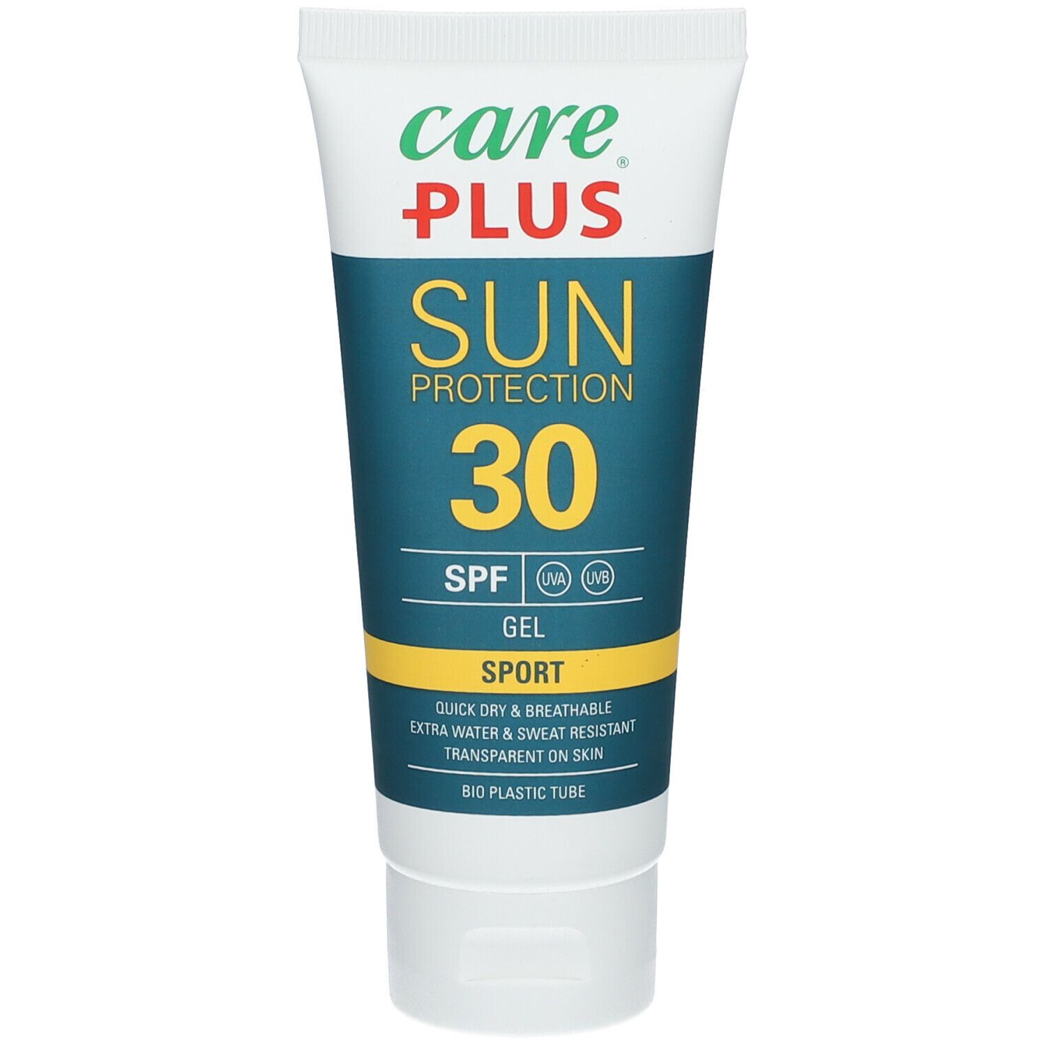 Tube CARE Plus Sonnenschutz SPF30. Blanc, vert, bleu. Texte: Sun Protection 30, Gel Sport. Contient des filtres UV. Tube en plastique bio.