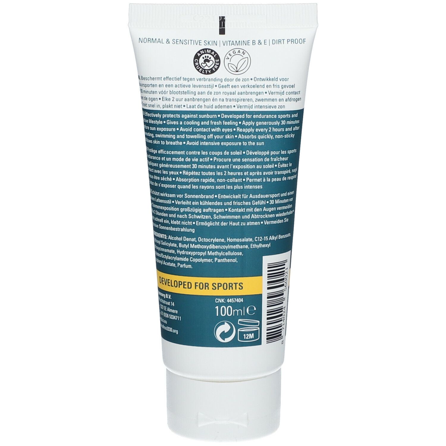Dos du tube CARE Plus Sonnenschutz SPF30. Texte, ingrédients, 100ml, 12M. Vegan, pour peaux normales/sensibles. Développé pour le sport.