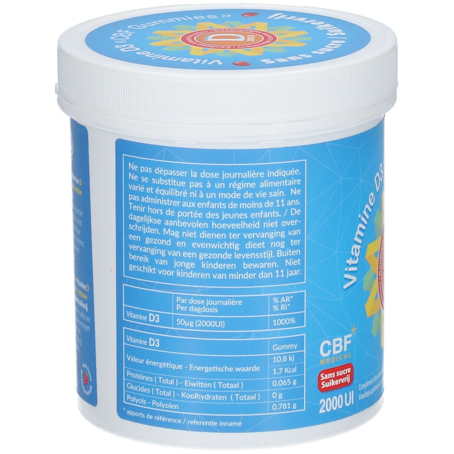 Dos de la boîte bleue. Texte avec informations nutritionnelles et avertissements. Inscription : Vitamine D3, 50µg (2000UI).