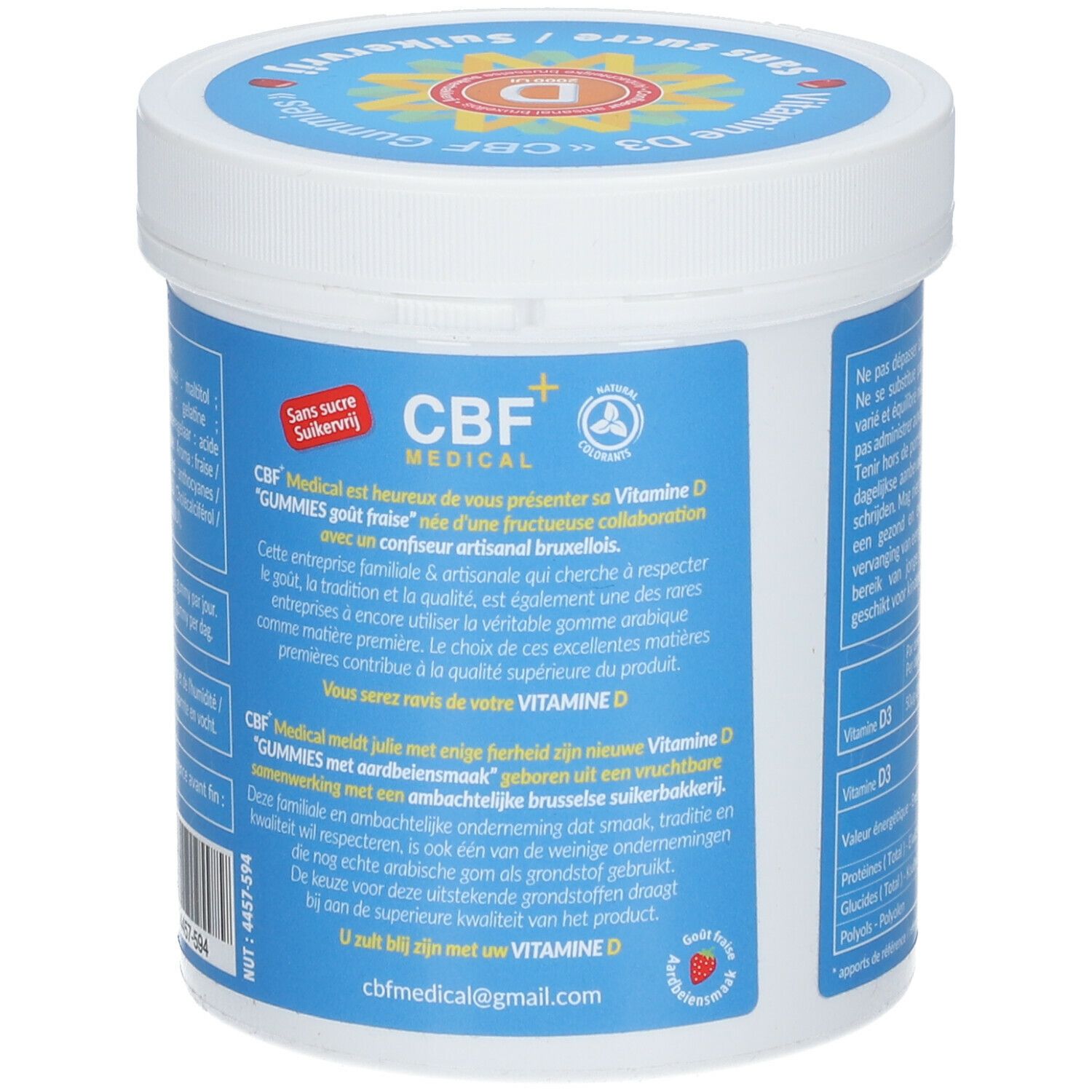 Dos de la boîte bleue. Texte sur CBF Medical et les gummies. Inscription : Vitamine D «Gummies goût frais».