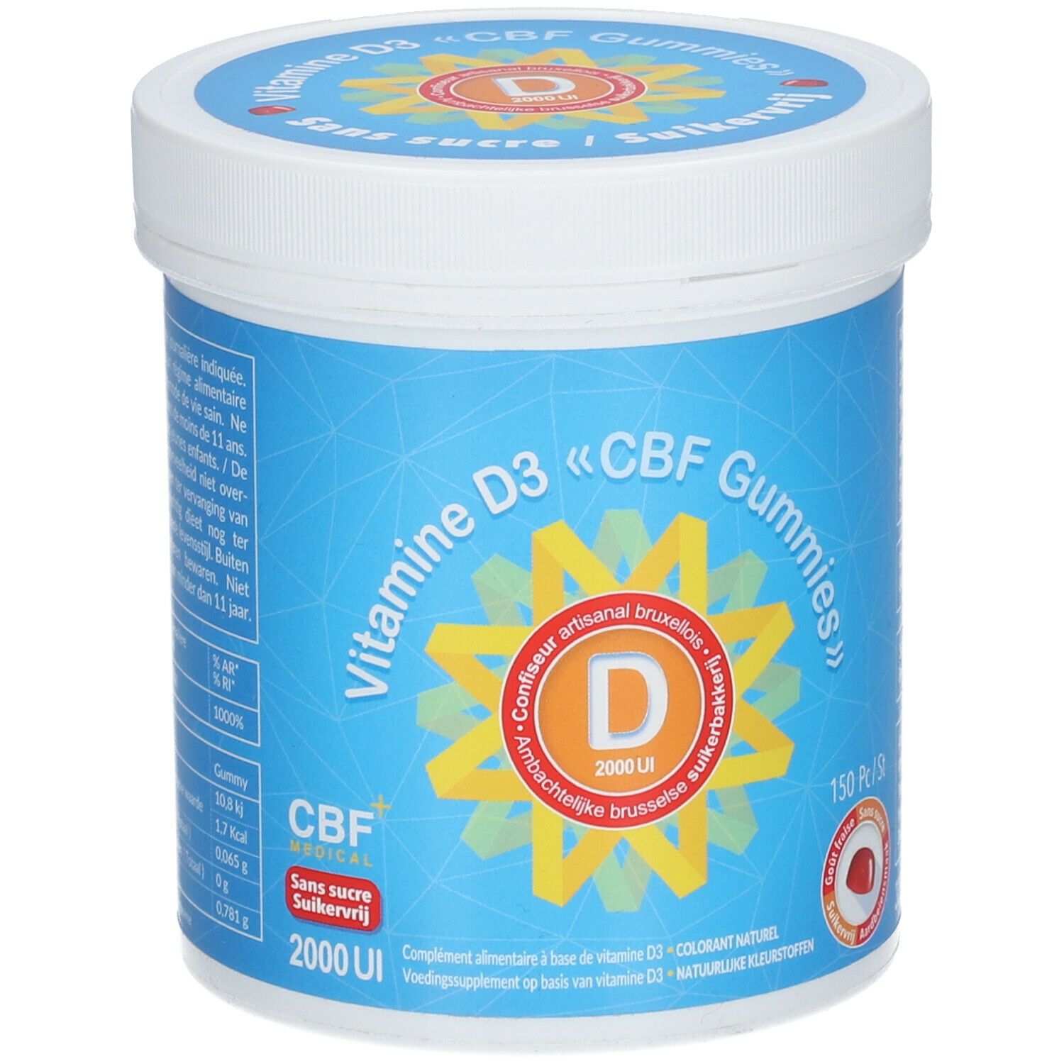 Boîte bleue avec couvercle blanc. Inscription : Vitamine D3 «CBF Gummies». Logo jaune avec «D» et 2000 UI. 150 pièces.