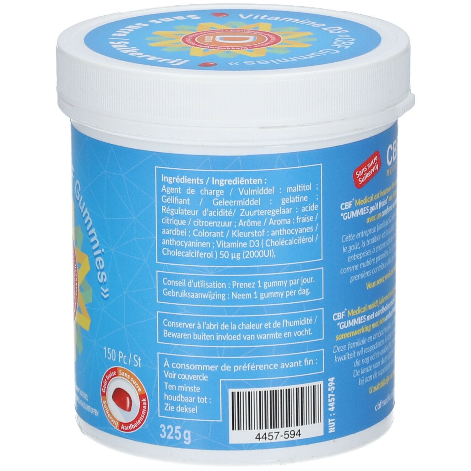 Dos de la boîte bleue. Liste des ingrédients et recommandation d'utilisation. Inscription : 150 Pc/St. et 325g.