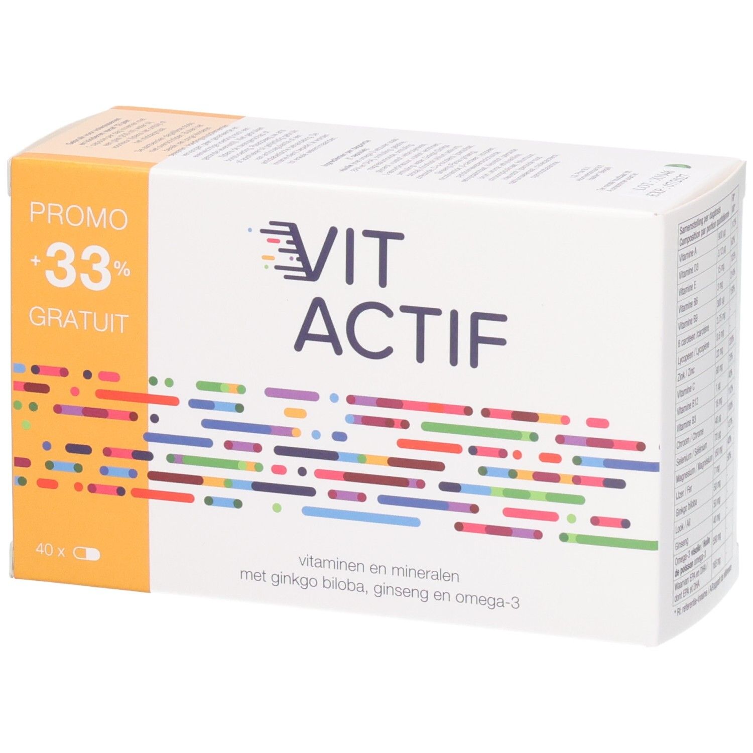 Boîte Vit Actif Softgels avec mention "+33% GRATUIT" et motif coloré.