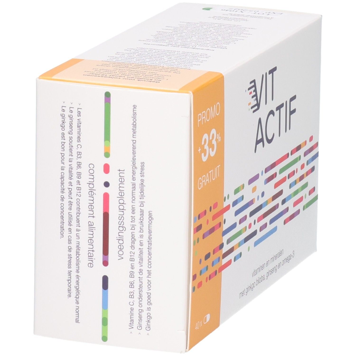 Boîte Vit Actif Softgels, côté avec informations sur vitamines, minéraux et ginseng.