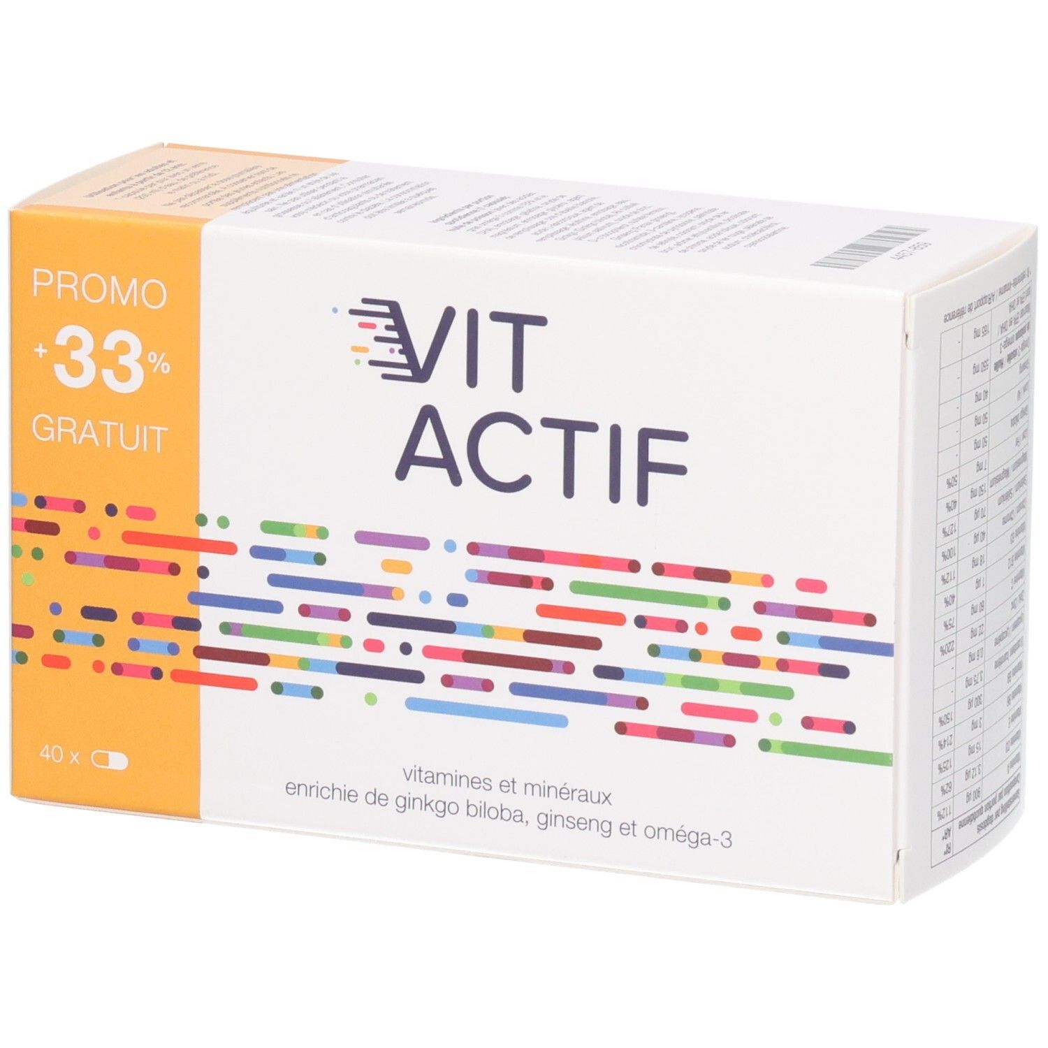 Boîte Vit Actif Softgels avec mention "+33% GRATUIT" et motif coloré.