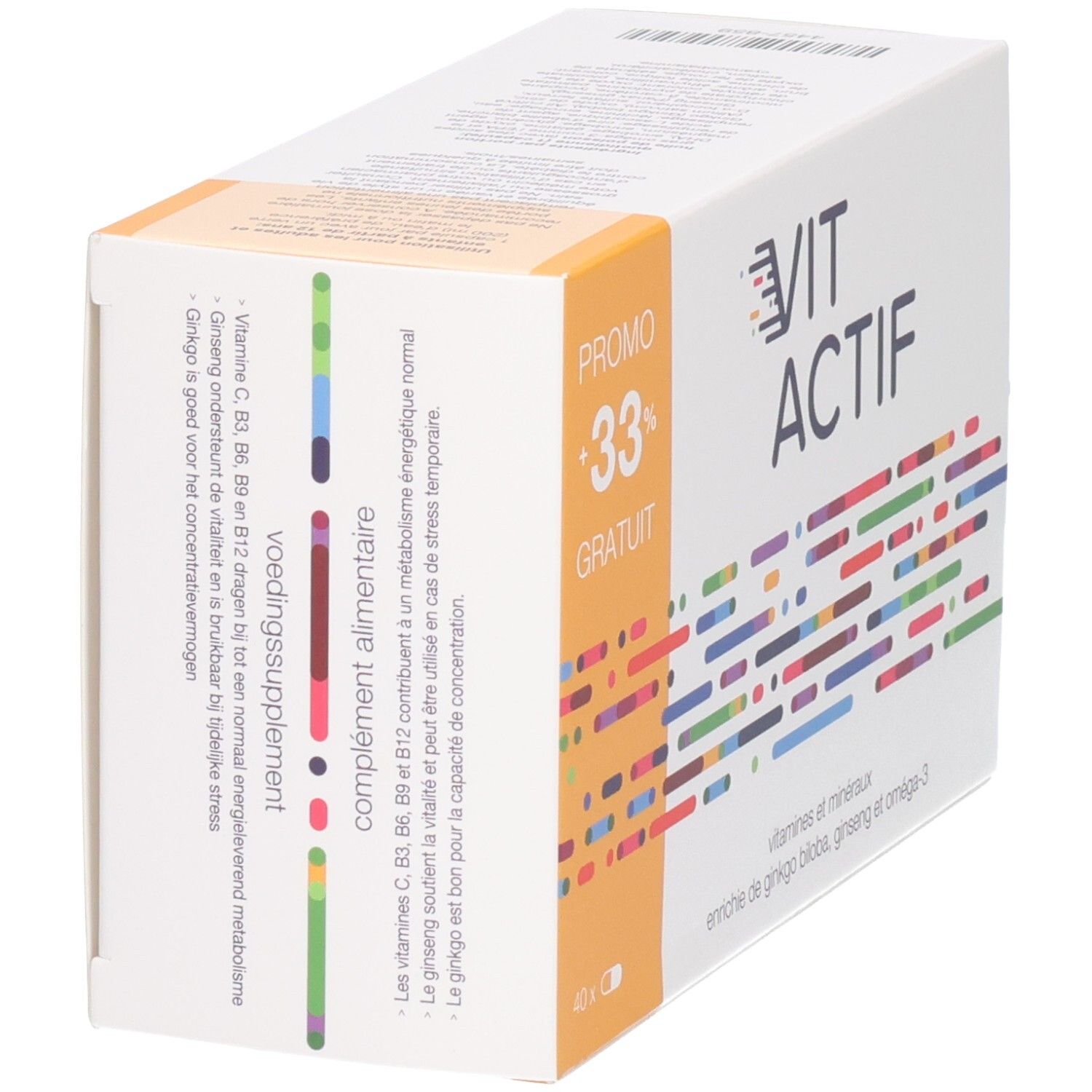 Boîte Vit Actif Softgels, côté avec informations sur vitamines, minéraux et ginseng.