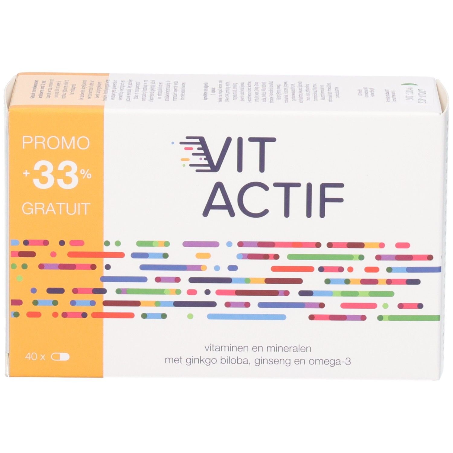 Boîte Vit Actif Softgels avec mention "+33% GRATUIT" et motif coloré.