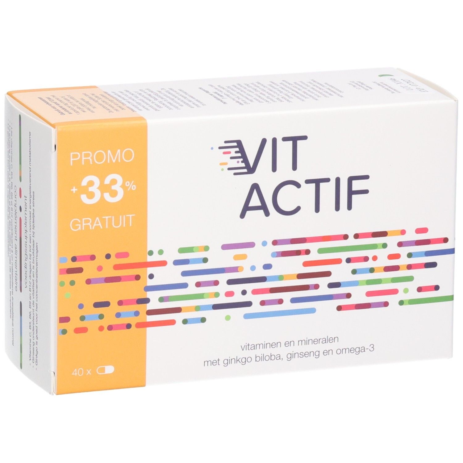 Boîte Vit Actif Softgels avec mention "+33% GRATUIT" et motif coloré.