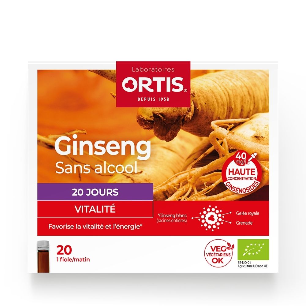 Ortis Ginseng Bio: Face avant de la boîte, 20 flacons pour la vitalité.