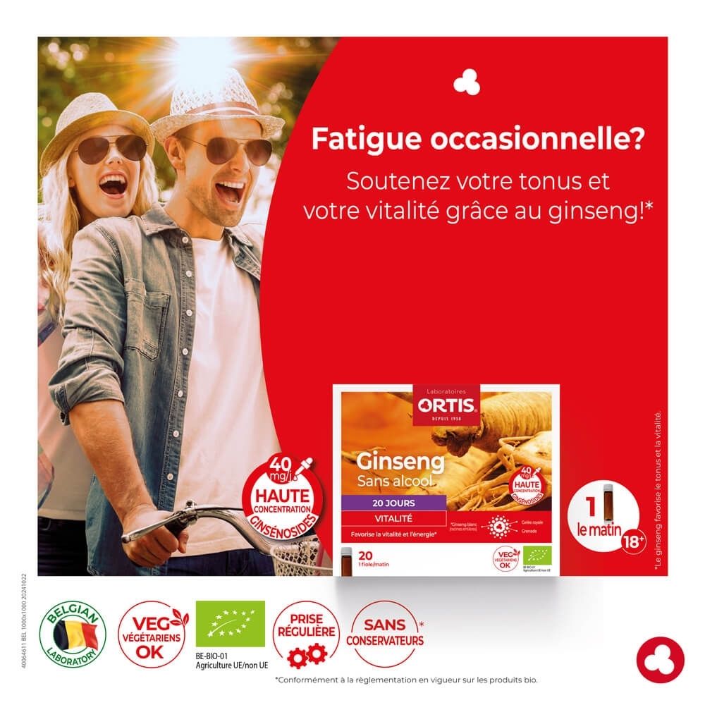 Ortis Ginseng Bio: Boîte de 20 flacons, montre racine de ginseng et grenade.