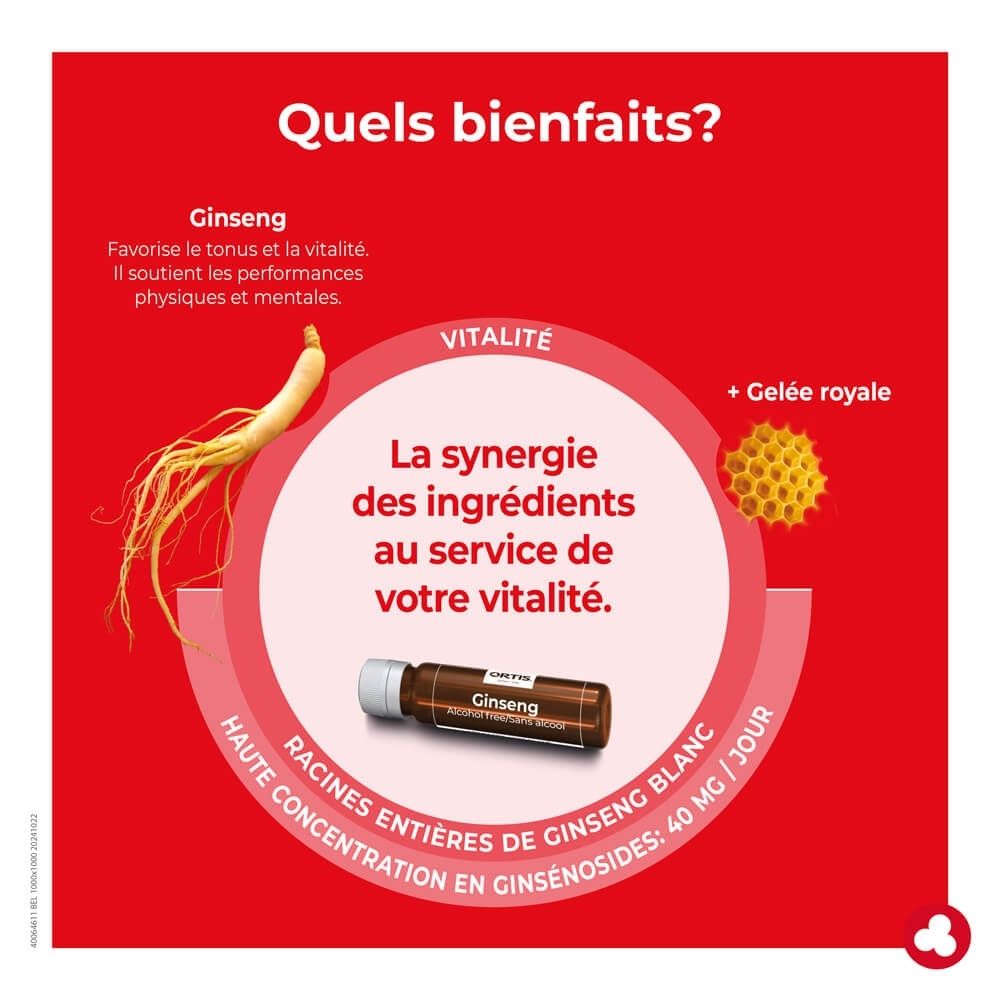 Ortis Ginseng Bio: Boîte de 20 flacons, label Bio et vitalité.