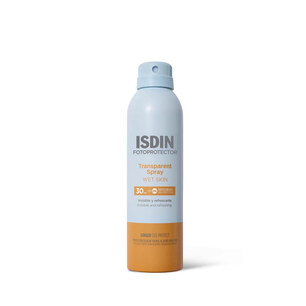 ISDIN Fotoprotector Transparent Spray SPF30. Flacon bleu, base orange. Inscriptions.