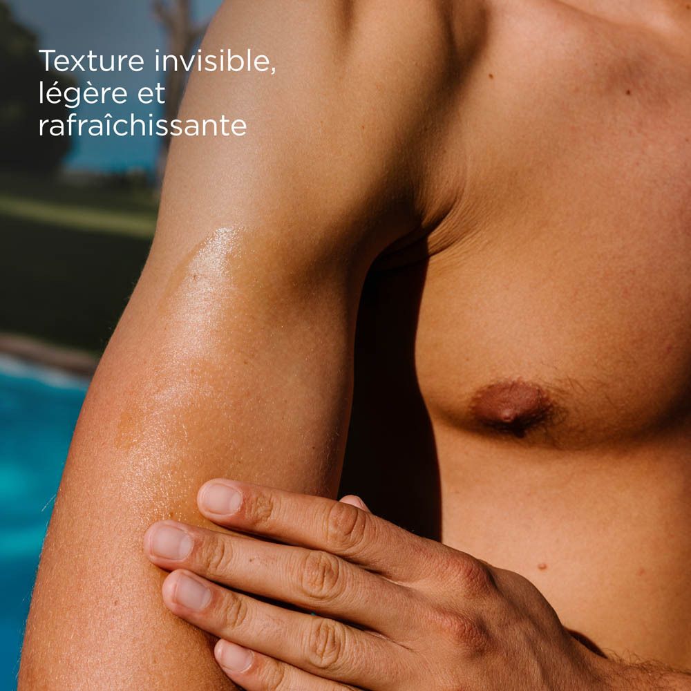 Homme avec bras enduit. Texte : Invisible, léger et rafraîchissant.