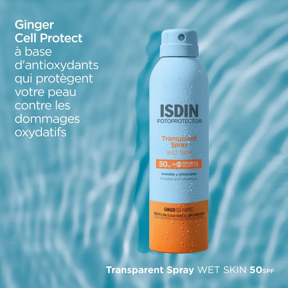 ISDIN Fotoprotector Spray. Texte : Ginger Cell Protect, protège des dommages.