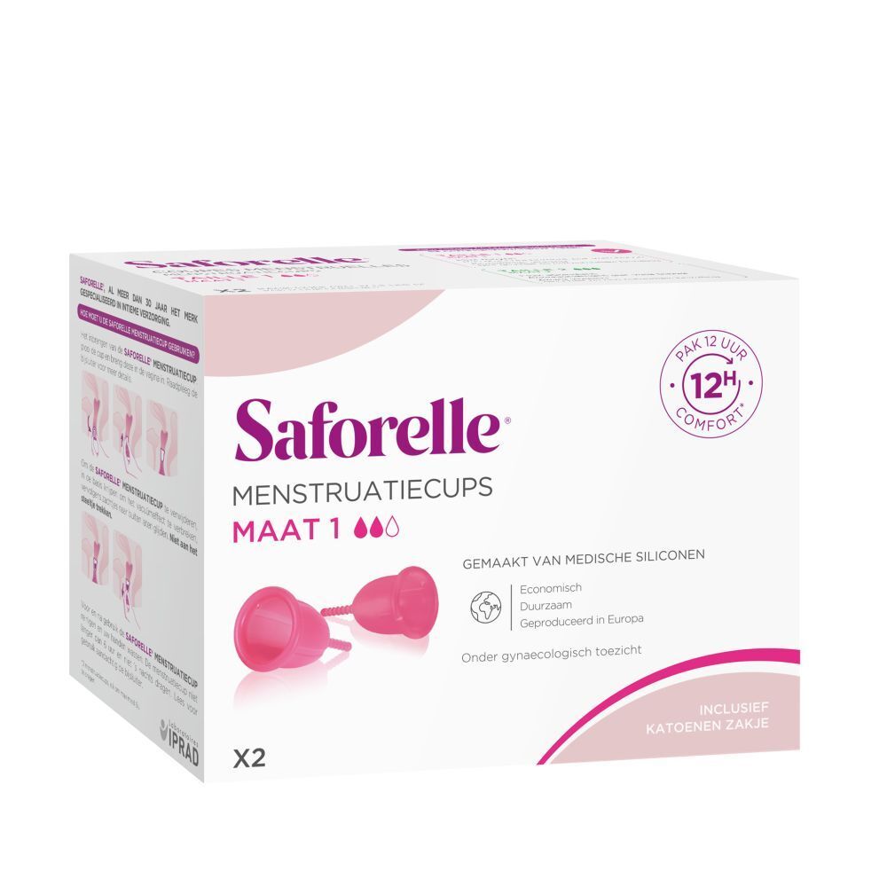 Boîte de Saforelle Menstruationstasse, taille 1. Deux coupes roses et informations sur le produit.