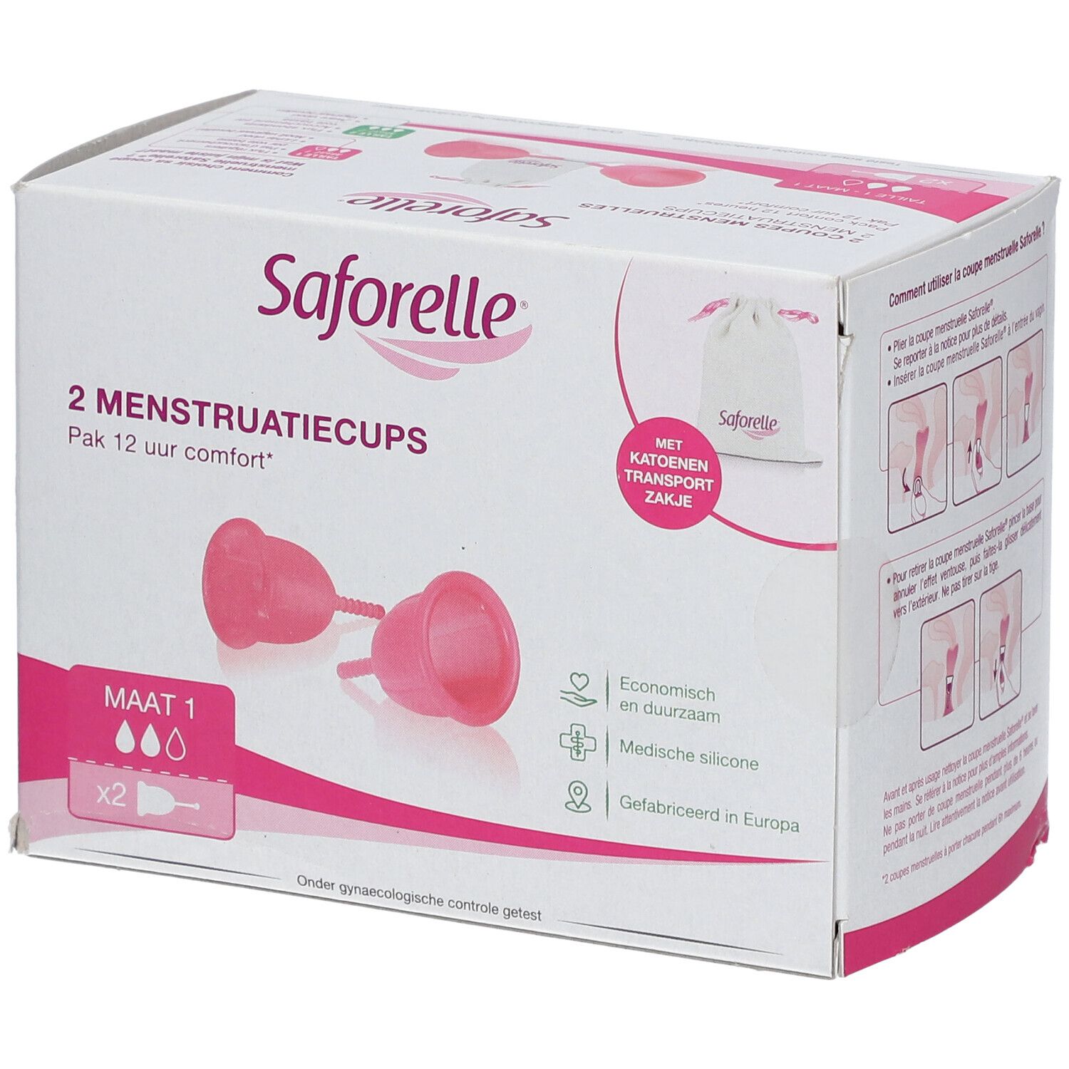 Emballage de deux coupes menstruelles Saforelle, taille 1. Sac de rangement inclus.