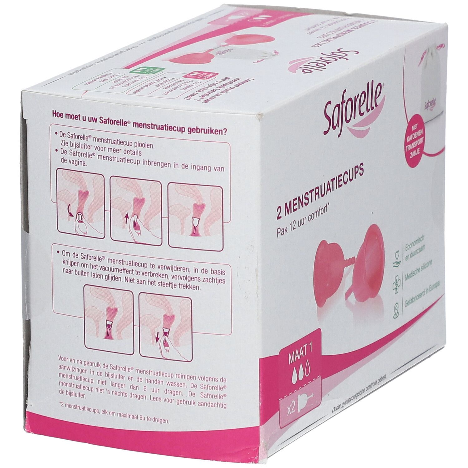 Dos de l'emballage de deux coupes menstruelles Saforelle, taille 1. Instructions et illustrations.