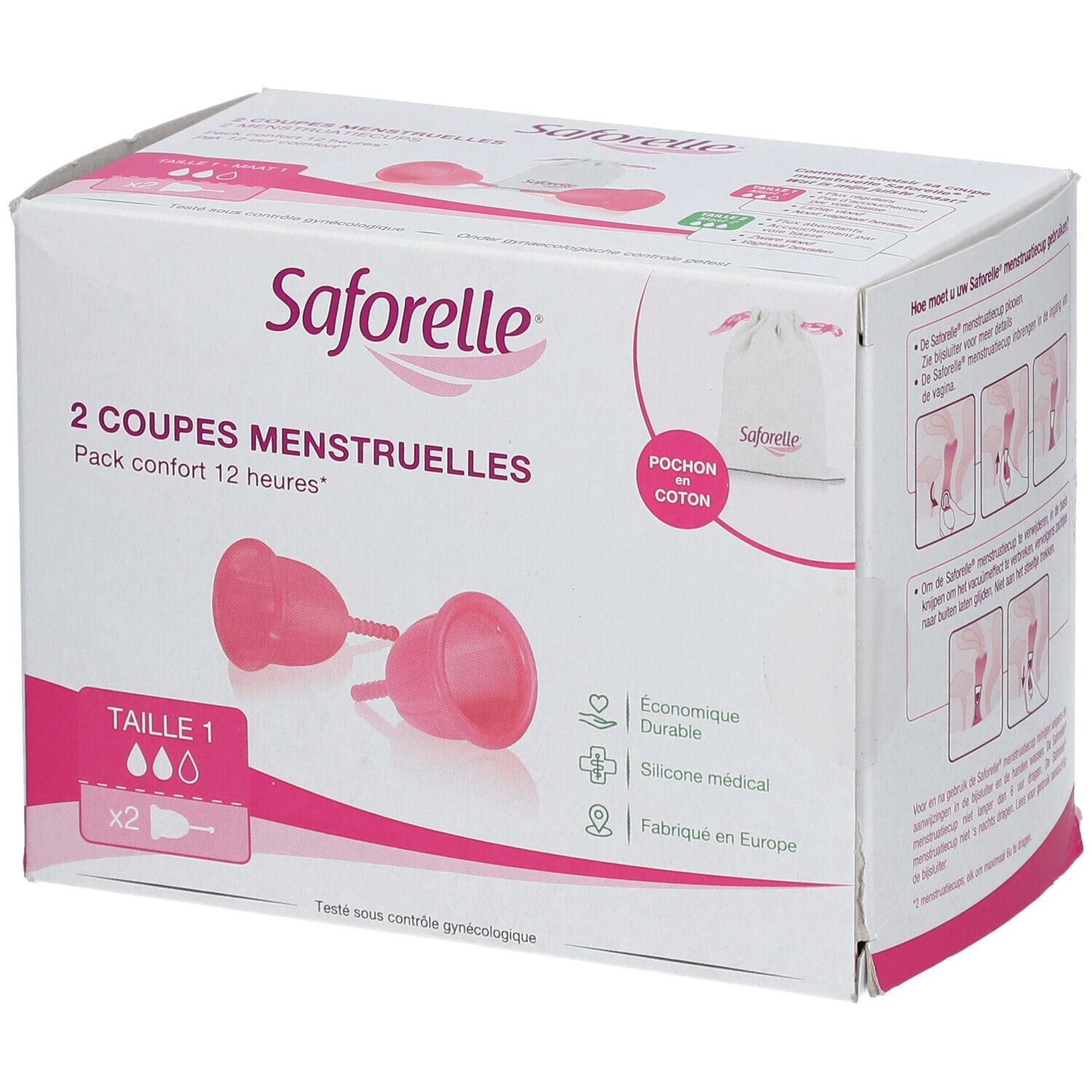 Emballage de deux coupes menstruelles Saforelle, taille 1. Nom et informations visibles.