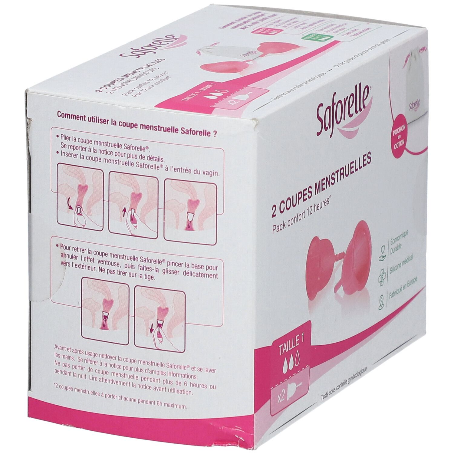 Dos de l'emballage de deux coupes menstruelles Saforelle, taille 1. Instructions et illustrations.