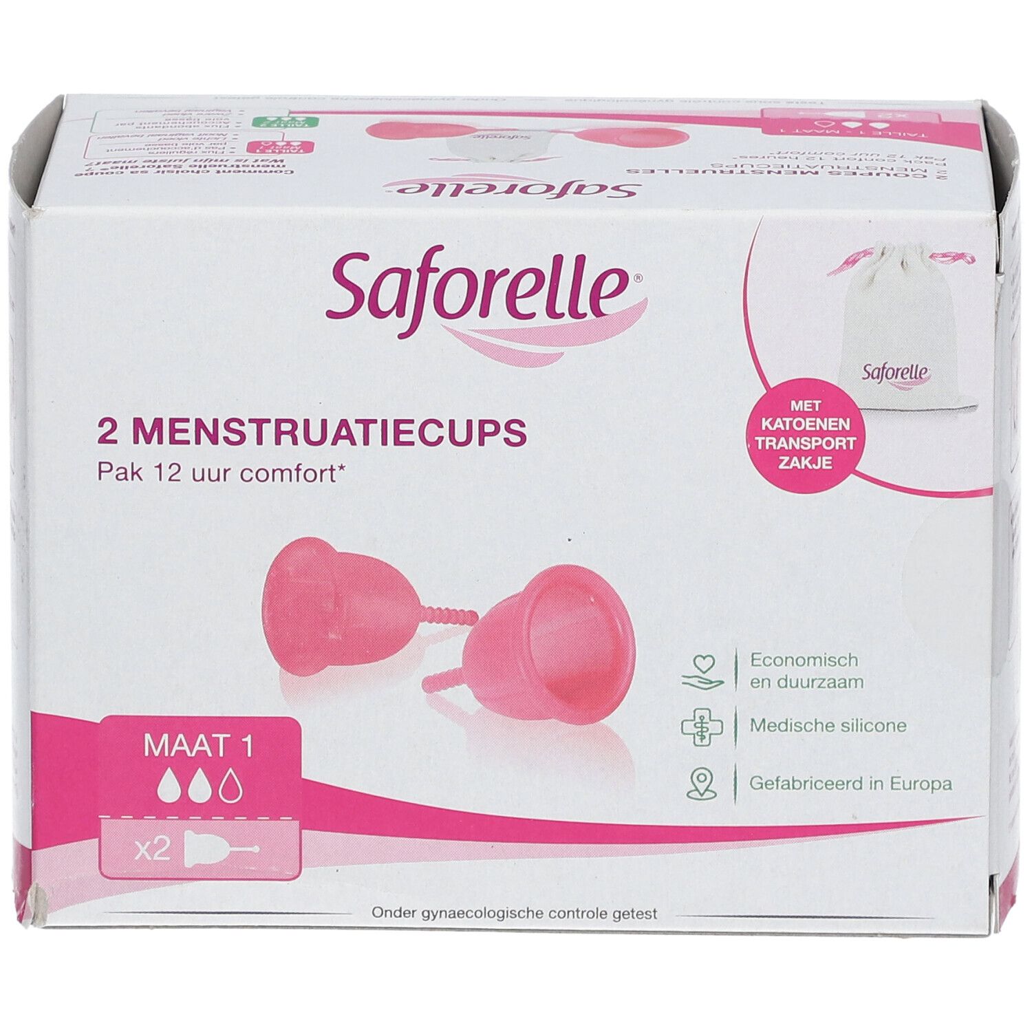 Emballage de deux coupes menstruelles Saforelle, taille 1. Sac de rangement inclus.