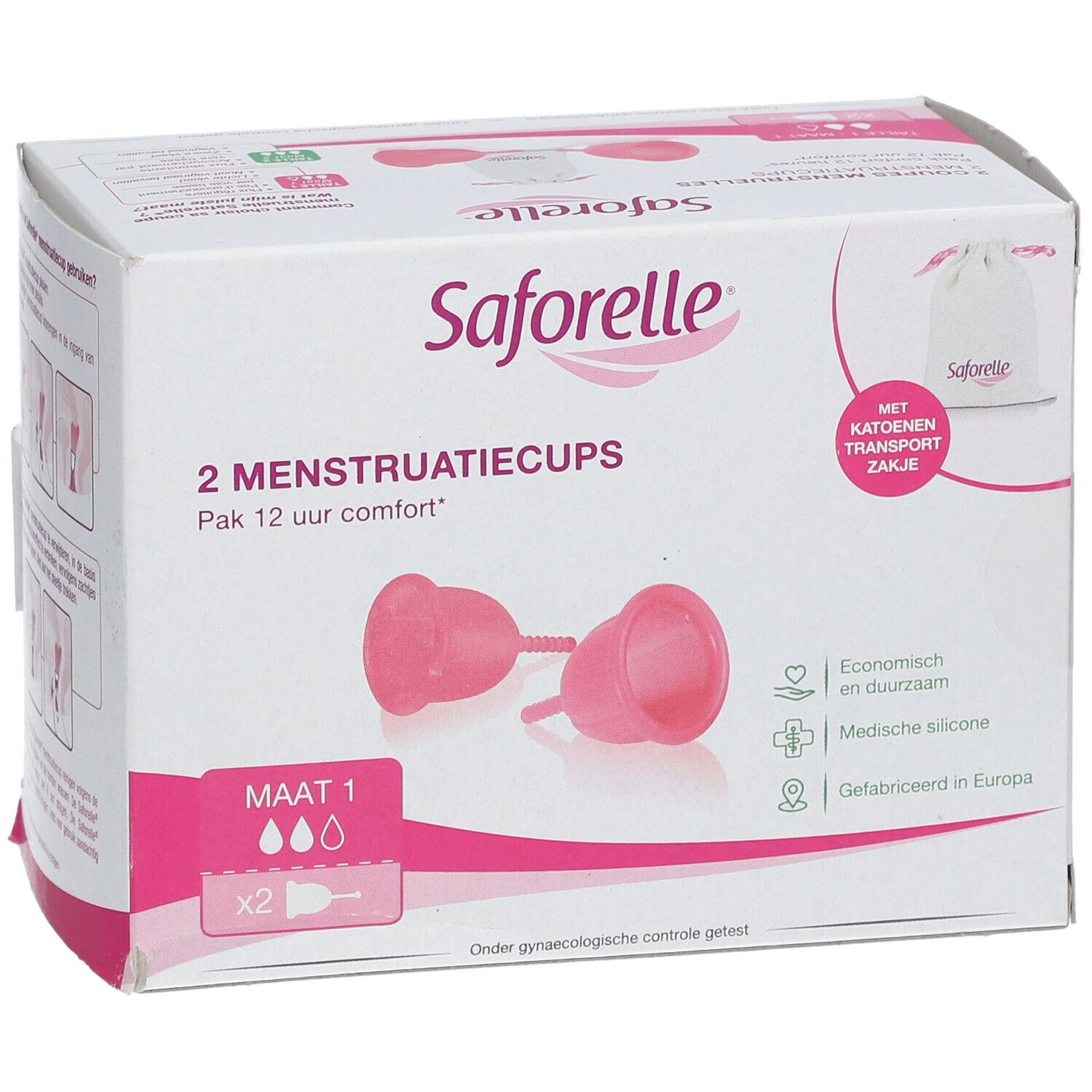 Emballage de deux coupes menstruelles Saforelle, taille 1. Sac de rangement inclus.