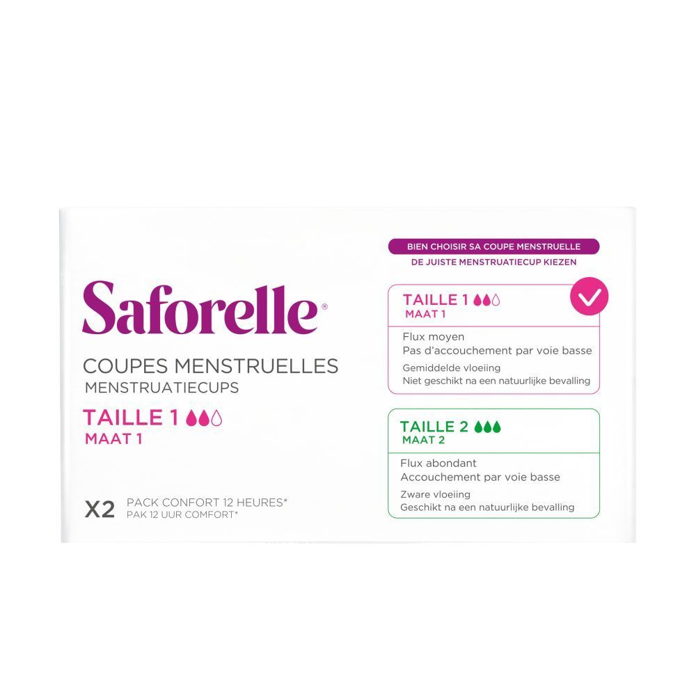 Emballage de coupes menstruelles Saforelle, tailles 1 et 2. Informations pour choisir la bonne taille.