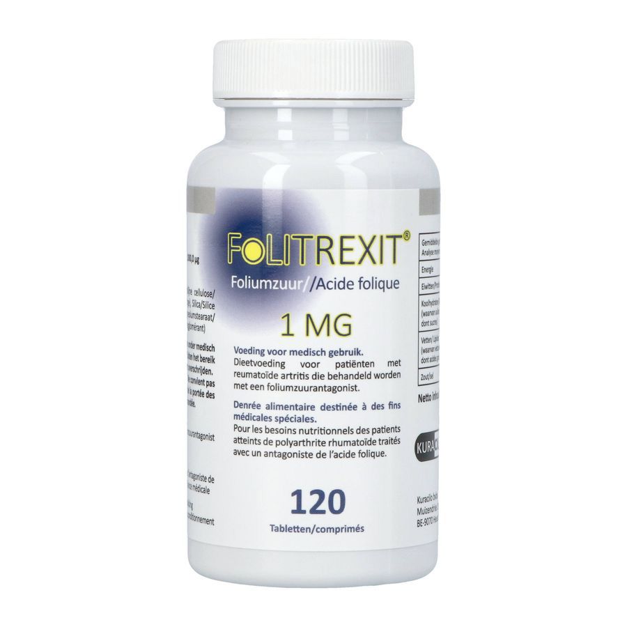 Flacon de Folitrexit 1mg. Flacon blanc avec bouchon jaune. Nom du produit, dosage et nombre de comprimés visibles.