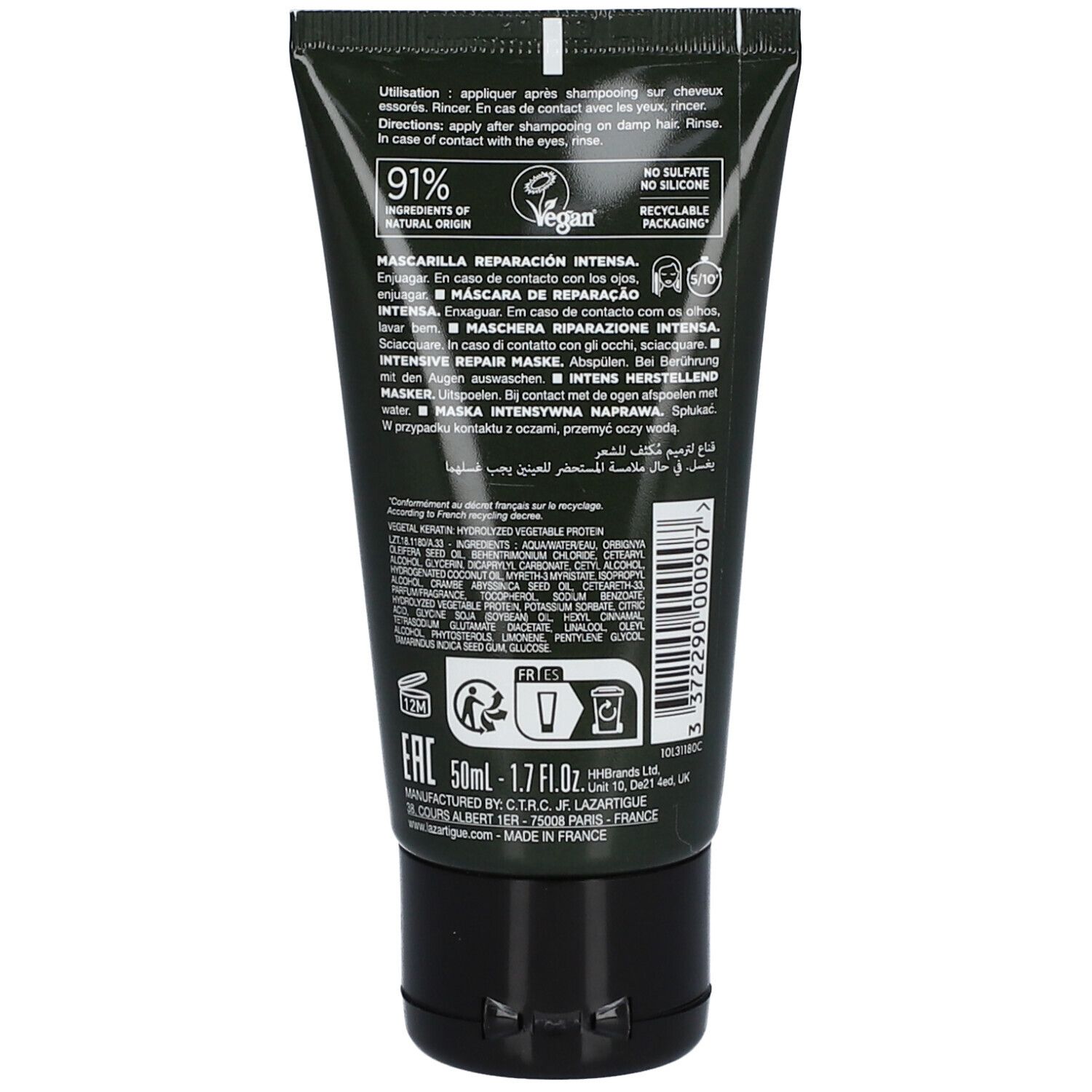 Tube vert foncé. Inscription : 91% ingrédients d'origine naturelle, Vegan, emballage recyclable. Texte en plusieurs langues.